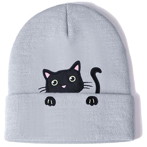 Women’s Cat Beanie Cute Cat Lover Gifts Animal Knitted Hats Christmas Stocking Stuffers for Women Girls - One Size - Grey