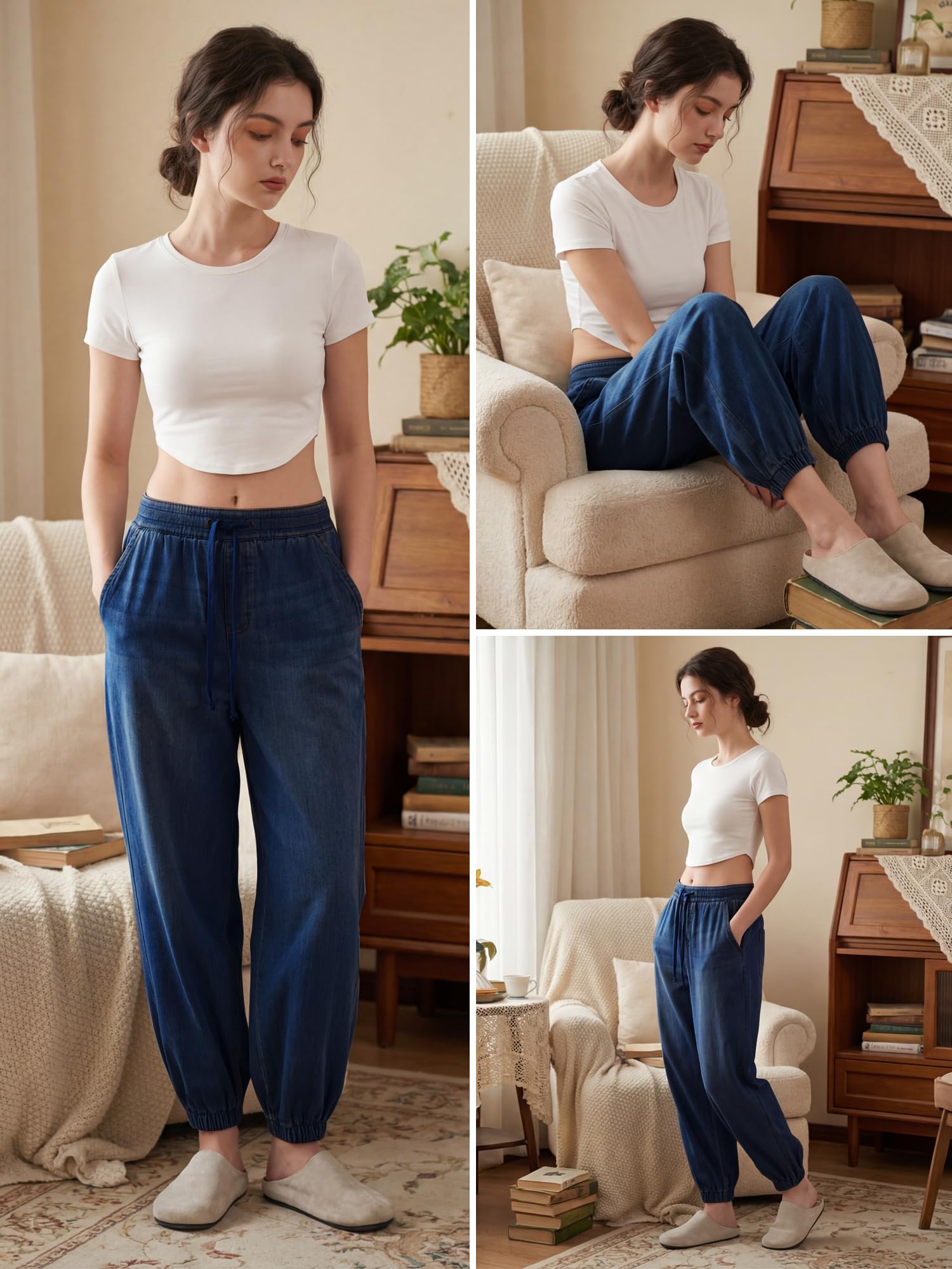 LaiEr Pantalones Mujer Modello harén Vaqueros con Vuelta en los Bajos,cordón Ajustable y elástico, Corte cónico Yoga Pantalones,Jogger Vaqueros Estilo Informal y Holgado,Tejido Denim elástico y Suave