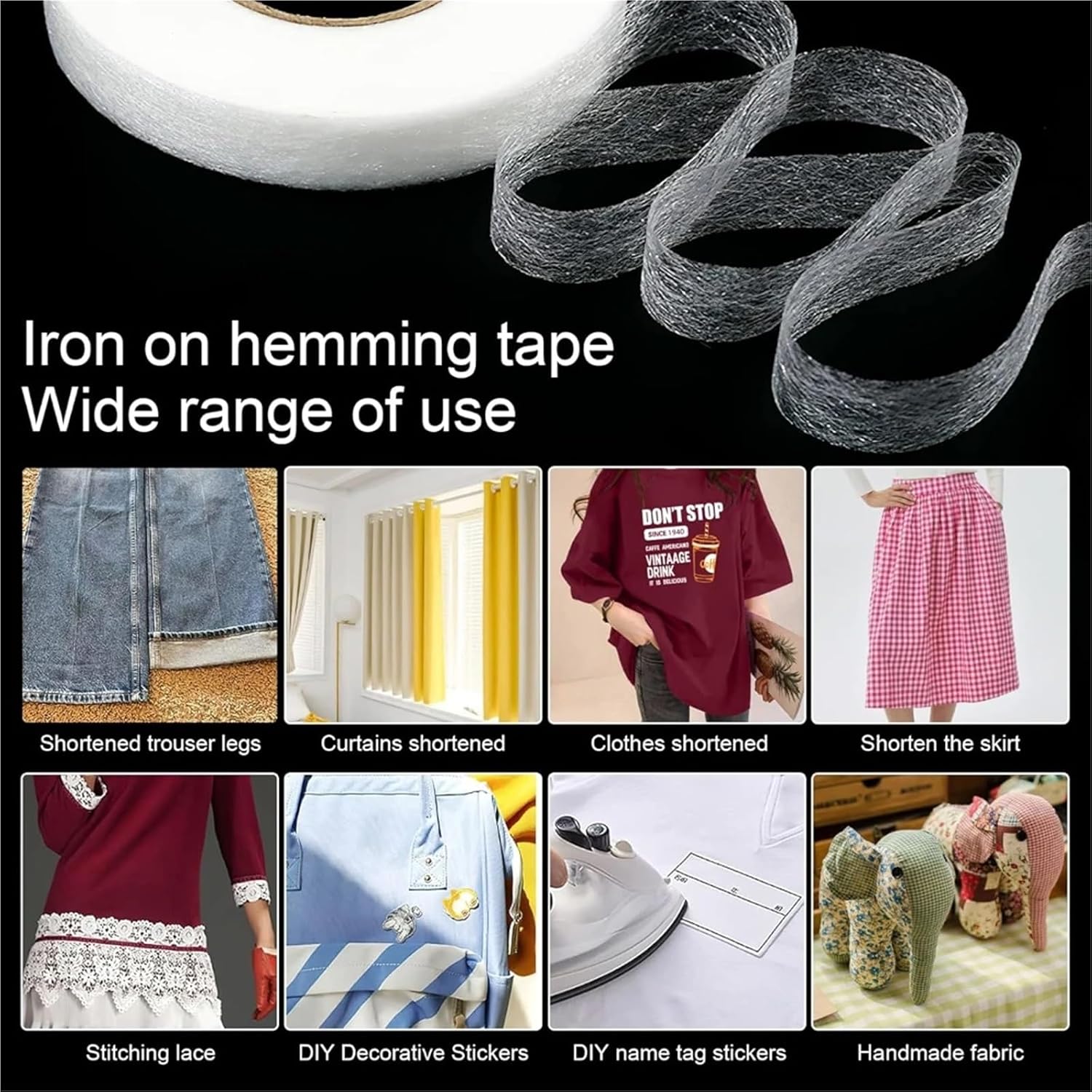 Heat Bond Iron-On Adhesive 10rolls self-Adhesive Pants Hem Tape Edge Shorten Paste Iron On Pant DIY Clothes Home Sewing Accessories(Black-1cmx60m)