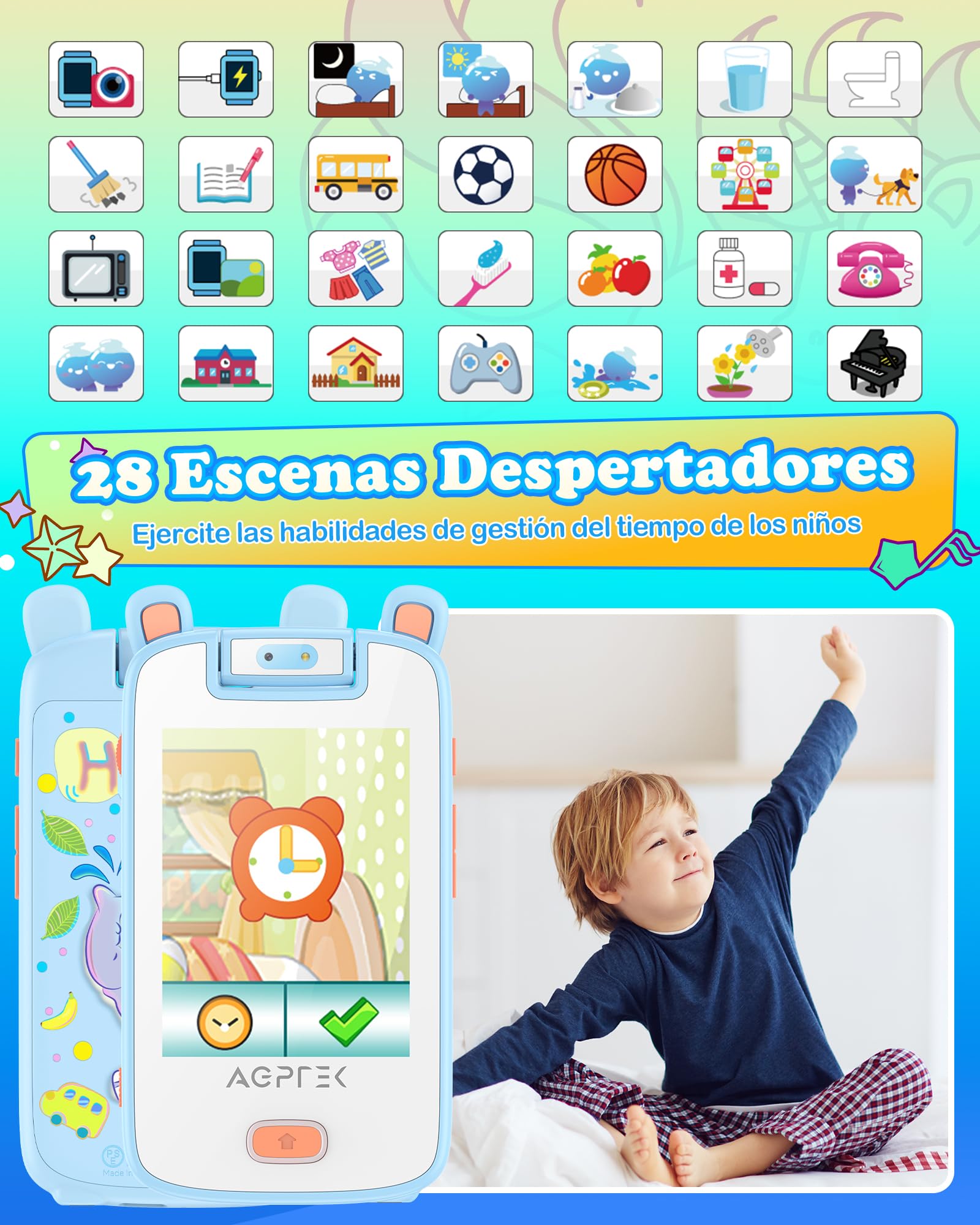 AGPTEK Teléfono para niños, Smartphone Juguete Pantalla Táctil con 32GB TF Card, Cámara, Dispositivo de Aprendizaje 3-7 Años, Regalos, Azul