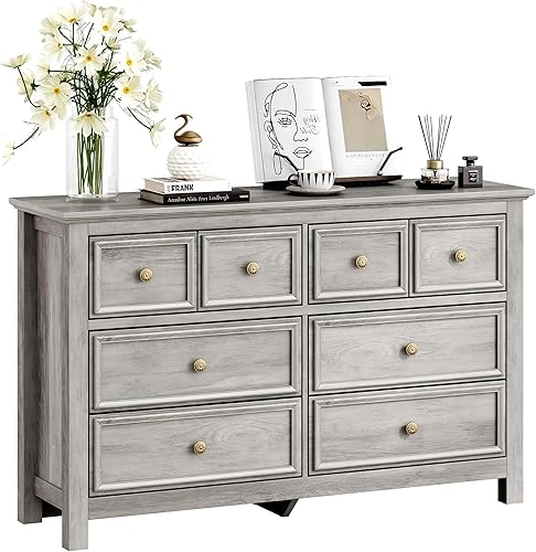 Vista 10 de Cómoda gris de 6 cajones, cómoda de 44 pulgadas de alto para dormitorio, cómoda de madera, tirador de anillo de metal, bordes texturizados