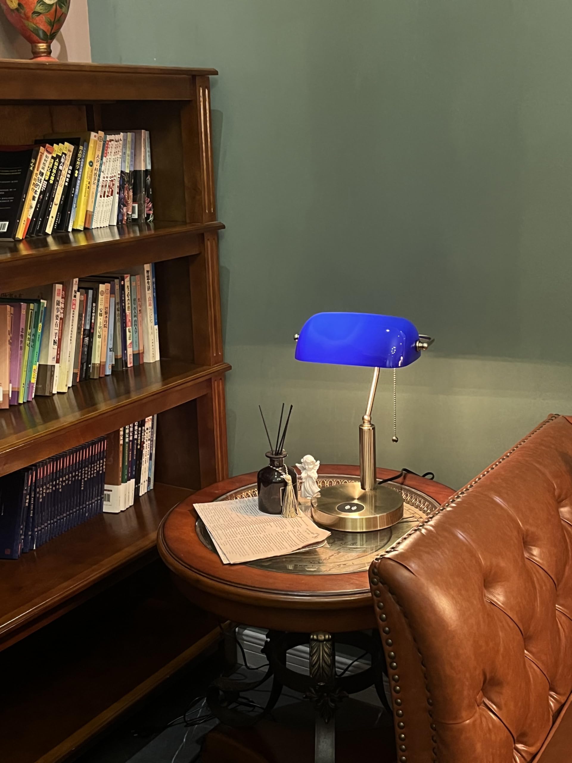 FIRVRE Azul Lámpara de Escritorio de Vidrio E27 Lámpara de Mesa Clásica con Puerto USB de Carga Inalámbrica Interruptor de Cadena de Latón Vintage Lámpara de Mesilla de Noche para el Hogar Oficina