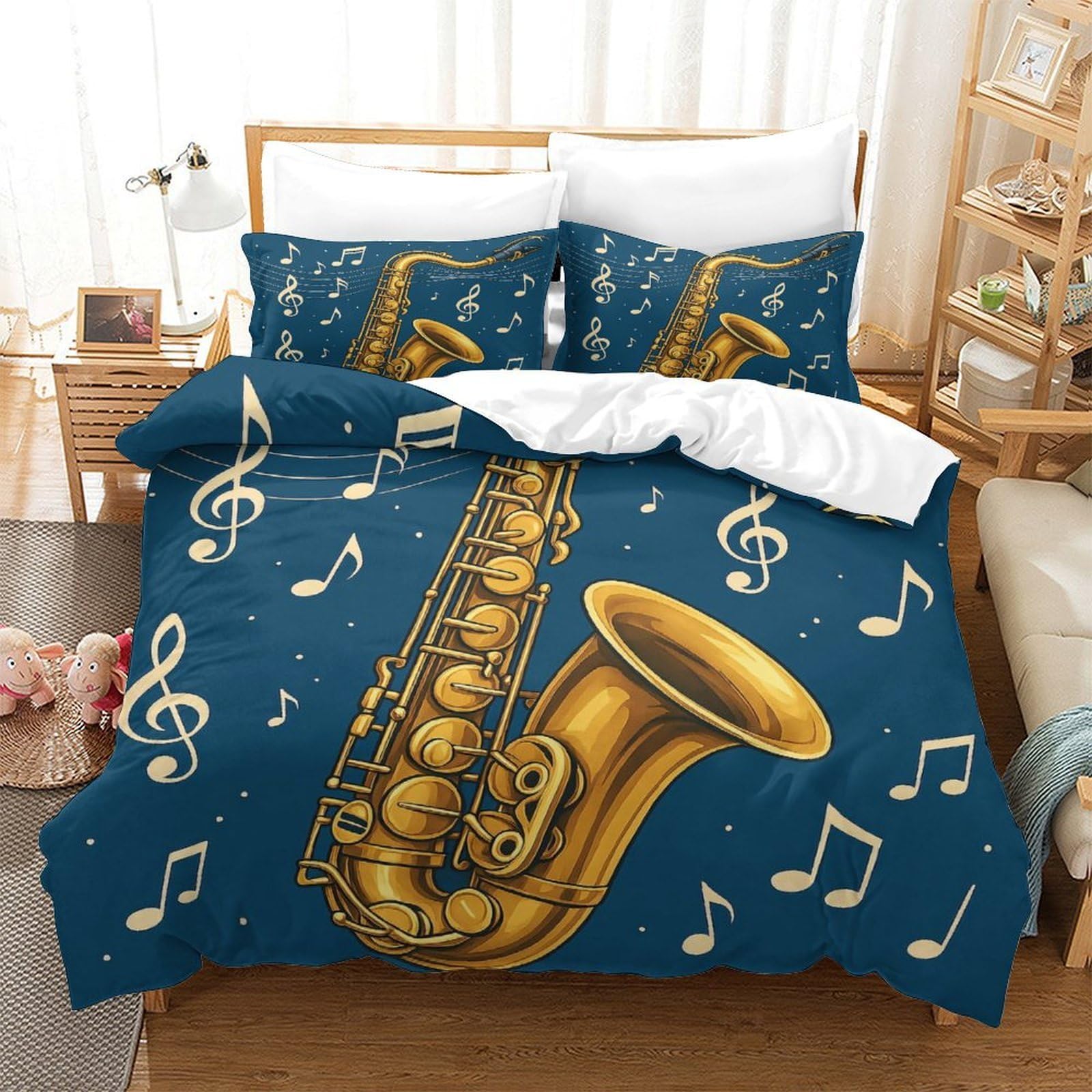 Set Copripiumino Musica Sassofono Stampa 3D Moderna Microfibra Camera Letto Decorazione Morbida Jazz per Adulti Giovani Super king（260x220cm）