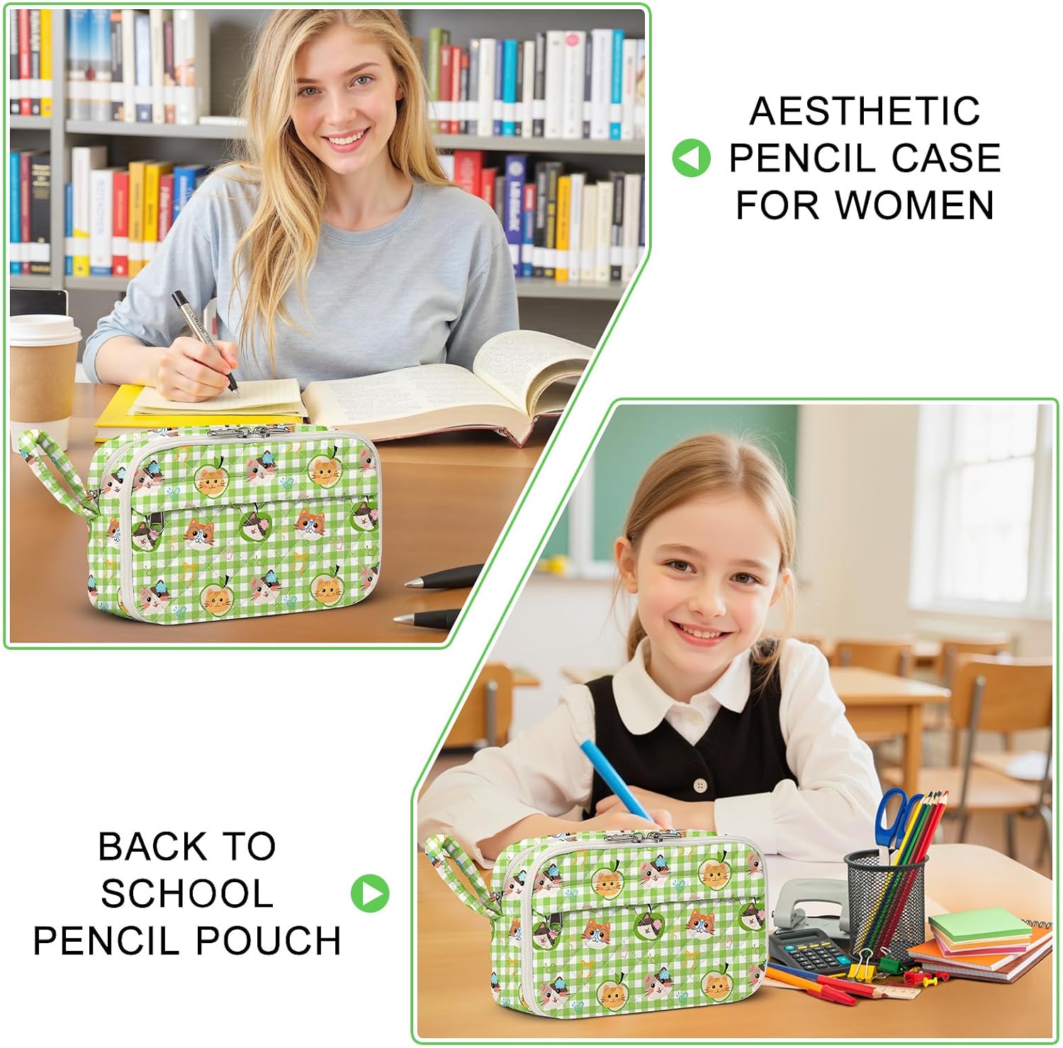 Quilted Pencil Pouch for Girls Women, Large Pencil Case Pouch with Compartments Cute Aesthetic Pencil Case Organizer, Floral Pencil Bag for School Supplies (green cat) - Image 6