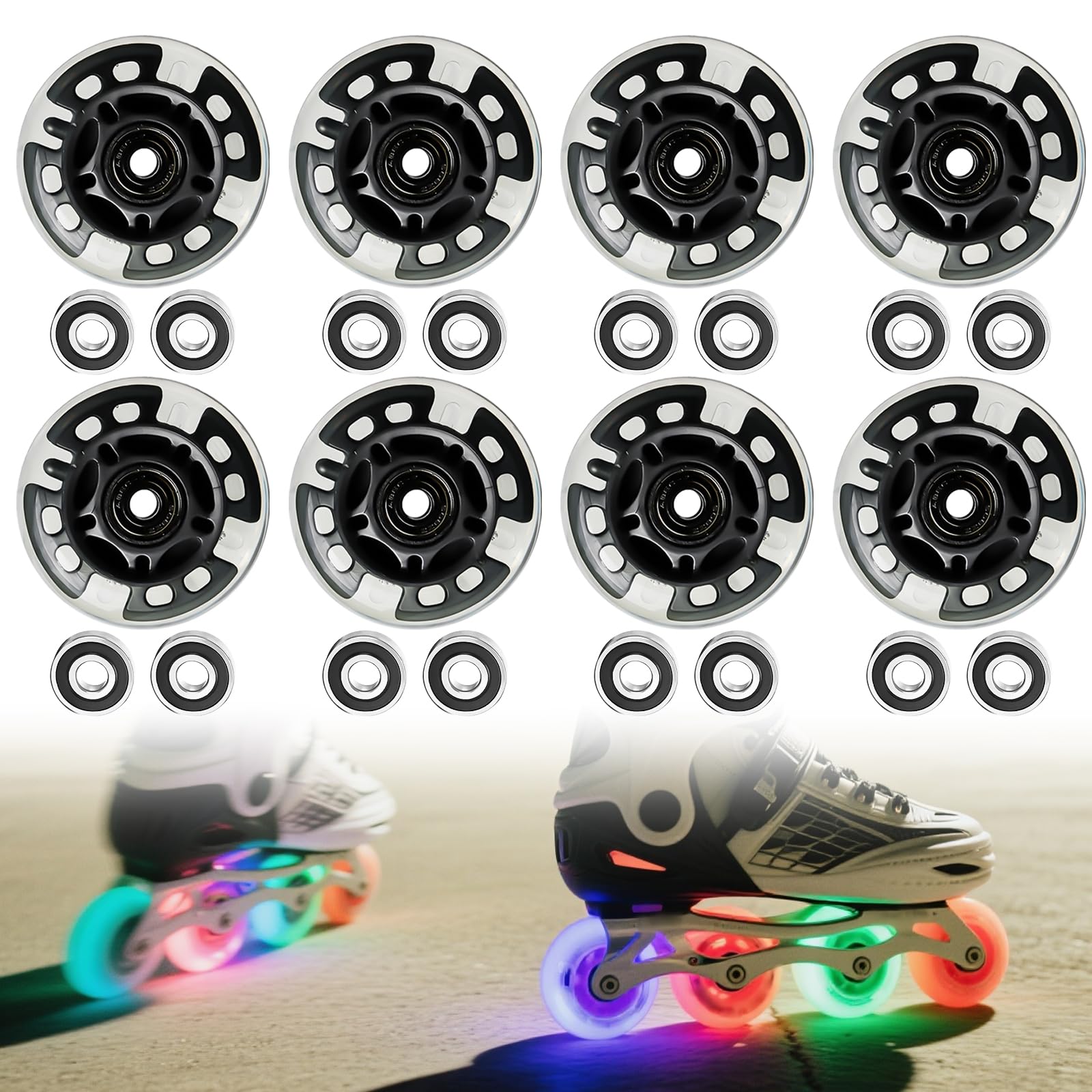 PORFOYO Inline Skate Rollen, 8 pezzi, ruote luminose da 76 mm, in linea Skate, con cuscinetti a sfera, ruote universali in poliuretano, per tutti i tipi di pattini a rotelle (76 mm)