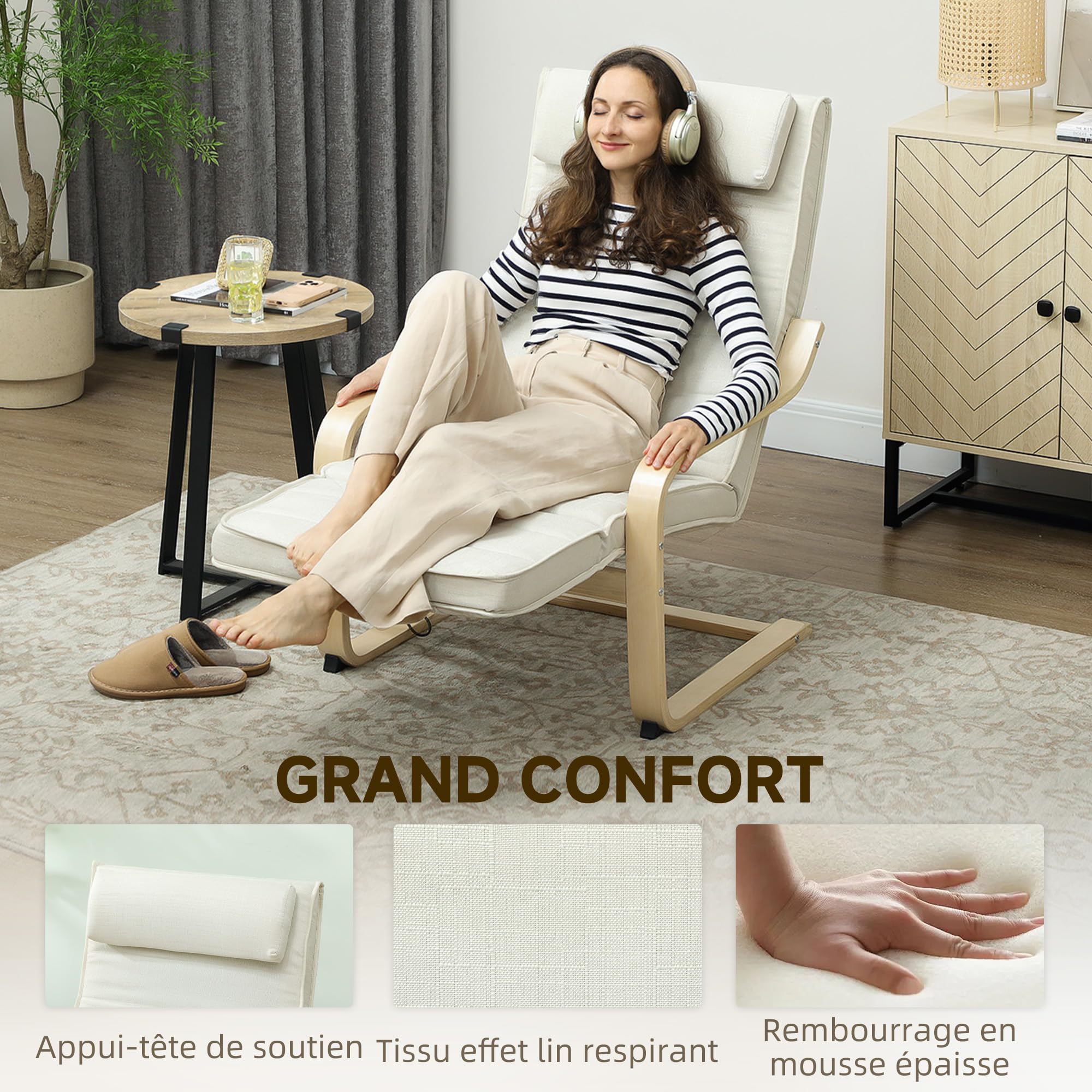 HOMCOM Fauteuil de Salon, Fauteuil Relax massant et Chauffant avec Dossier Haut, Appui-tête, Repose-Pieds réglable, télécommande et Poche latérale, Tissu Aspect Lin, pour Chambre Salon, crème