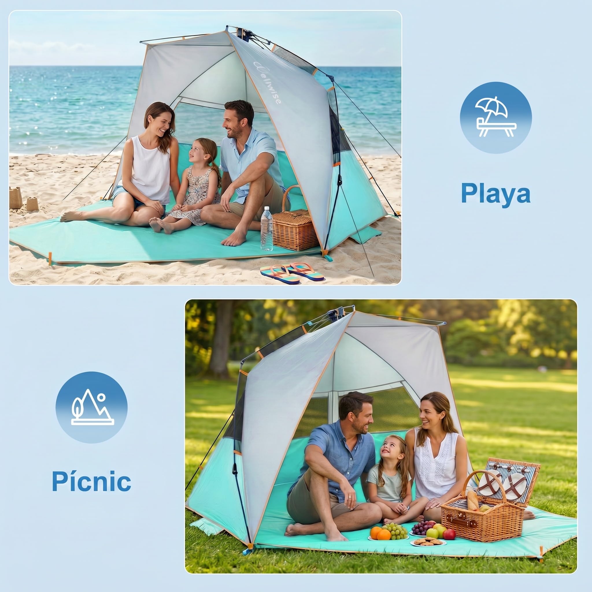 Wolfwise Tienda de Playa UPF 50+ para 3-4 Personas, Refugio Playa Portátil con Porche Extensible para Patio Trasero, Parque, Camping, Pesca, 215×115x125cm(85 x45x49 IN), Verde Menta