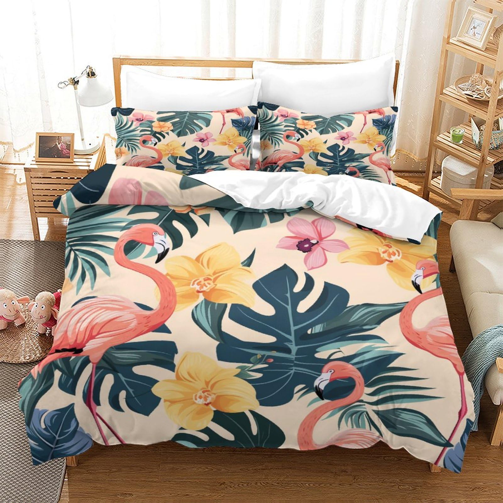 Stampato in 3D fenicottero Copertina Stampata Microfibra Disegnata Biancheria Da Letto Cura Facile Con 2 Federe,Double（200x200cm）, Per Adolescenti E Adulti