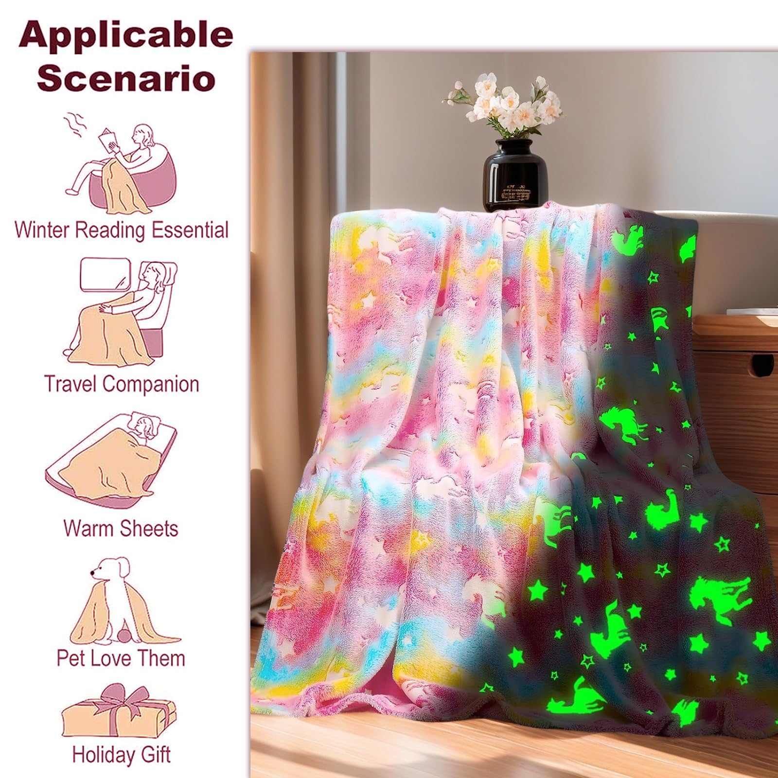 HSGLGNA Coperta per bambini, con unicorno, luce al buio, idea regalo per ragazze, super morbida e calda, coperta da letto, con unicorno, colore: rosa