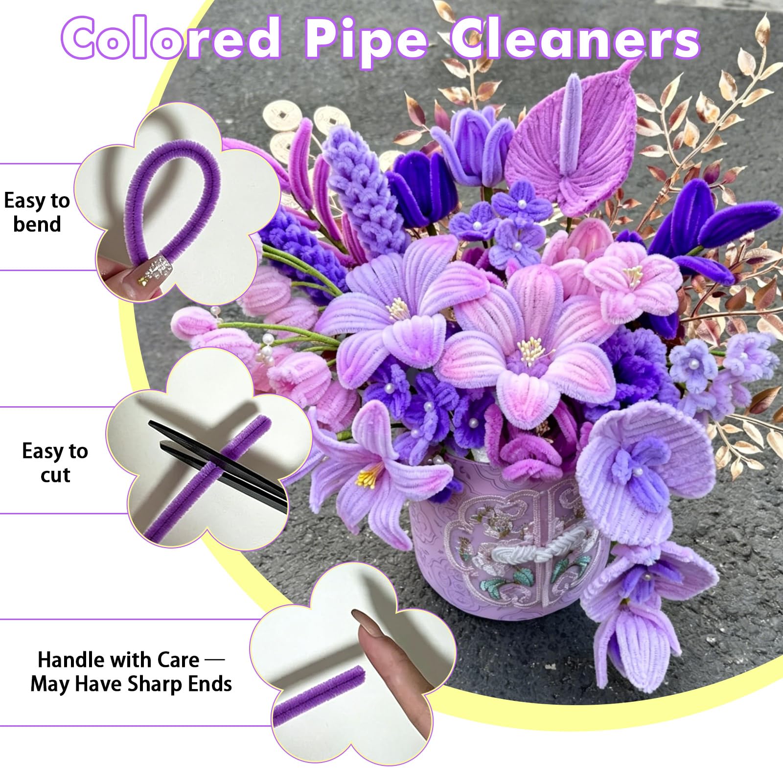 Lot de 500 cure-pipes violets, 5 couleurs assorties pour travaux manuels, cure-pipes d'Halloween, tiges pelucheuses en chenille pour loisirs créatifs, projets créatifs