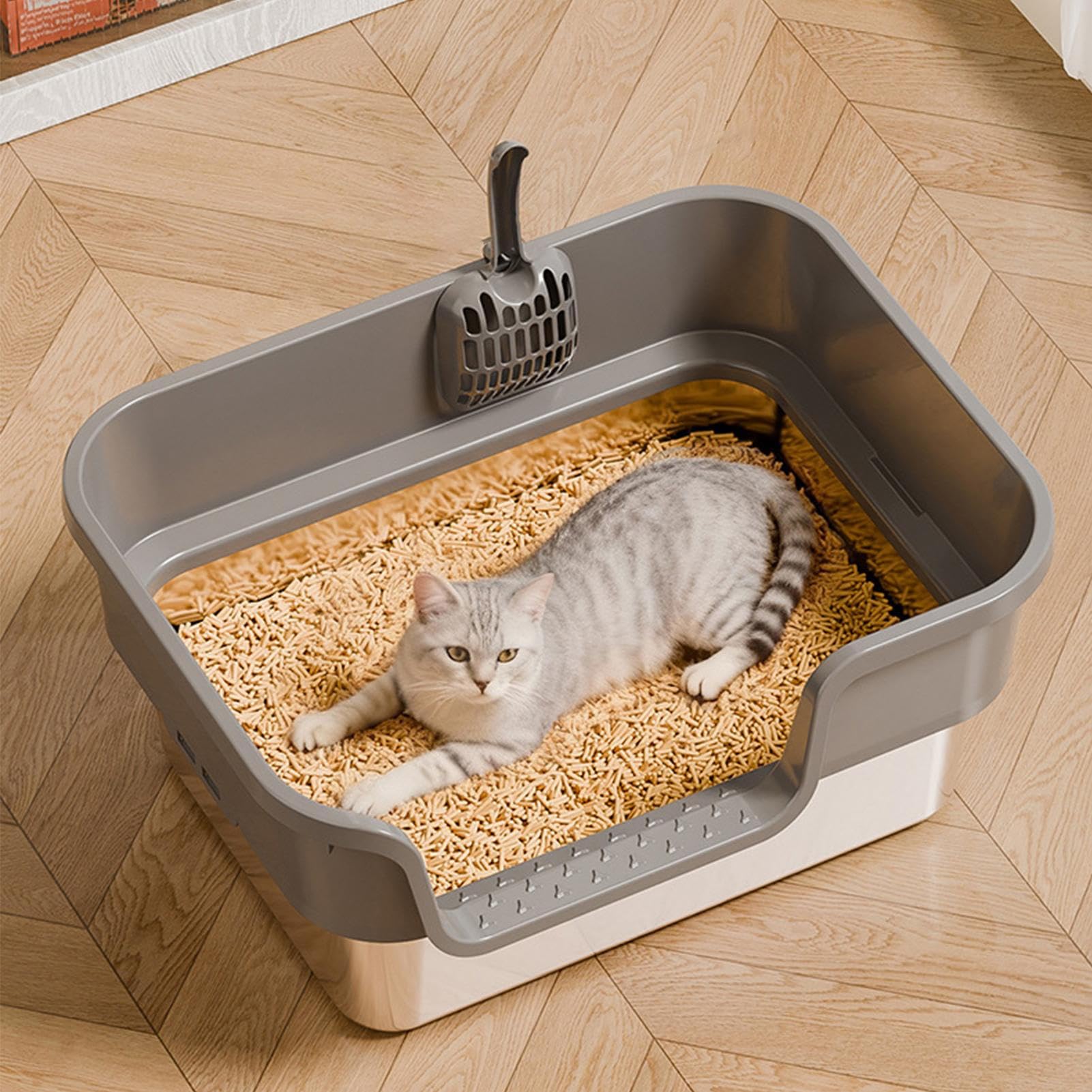 de acero inoxidable con bandeja de inodoro para apartamentos | acero con material PP, diseño antifugas, en la esquina interior, accesorios de animales pequeños, dormitorio, balcón, patio y