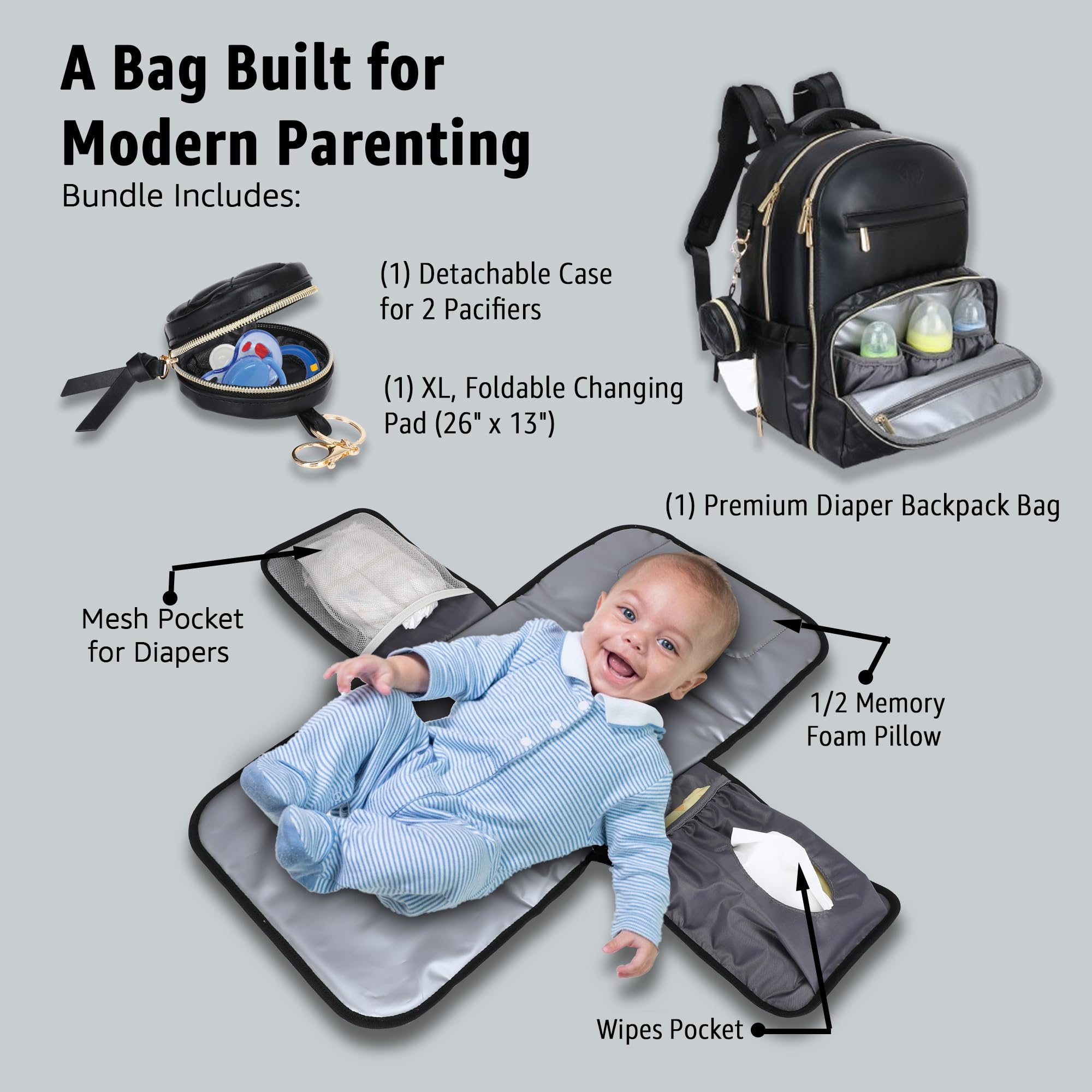 JustBaby Luv Award-Winning 3 in 1 Faux Leather Diaper Bag Backpack – Stylish Unisex 31L Design, 21 Pockets, USB Port, Changing Pad, Pacifier Case, Stroller Straps & Waterproof PU Leather Diaper Bag