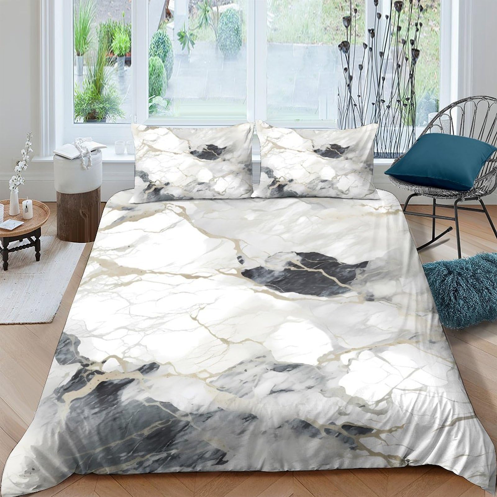 Ctjqhvkz Style-5 3D Printed Marble Texture Fitted Sheet Microfiber Soft Black White Gold Abstract Bed Cover For Bedroom Decor Single（135X200cm）