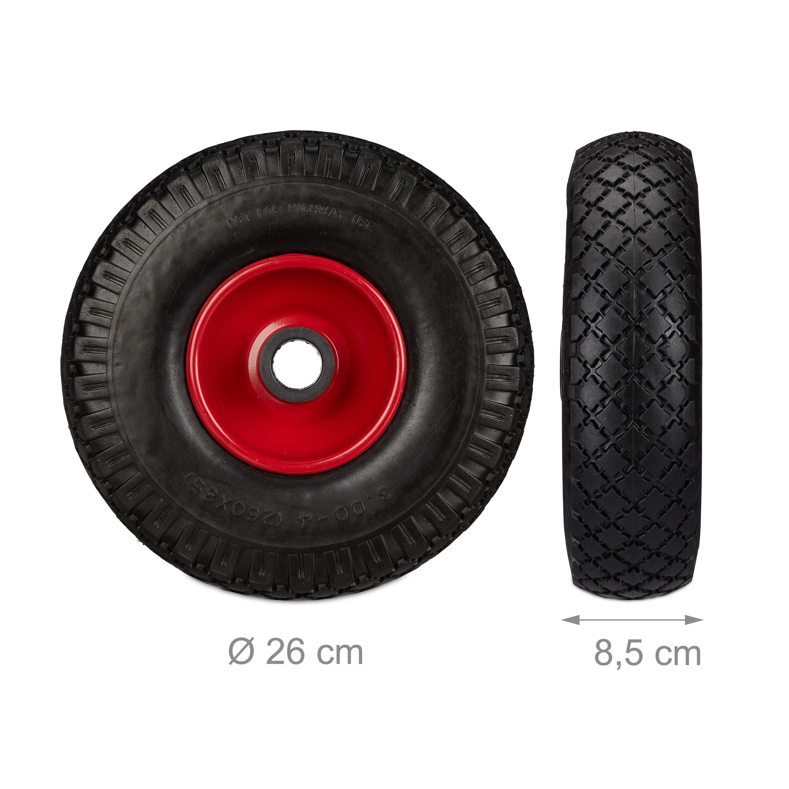 relaxdays Set di 2 Ruote per Carrelli a Mano, Gomma Piena Antipanne, ASSE 25mm, 150kg, Max, 260x85mm, Nero-Rosso