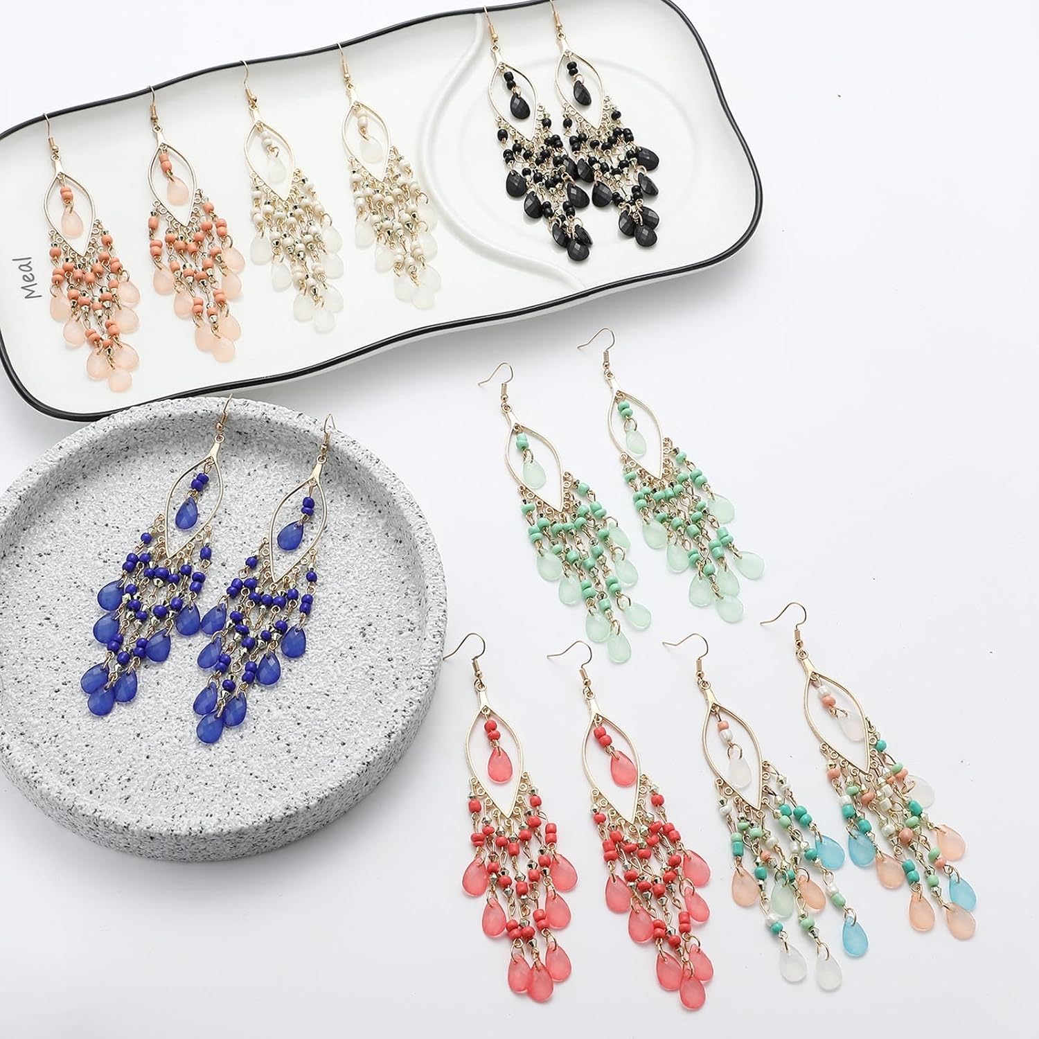 Boho Gold Long Beaded Tassel Earrings for Women,Bohemian Crystal Drop Dangle Ethnic Earrings Seed Bead Statement Earrings for Earring Accessories - Image 5