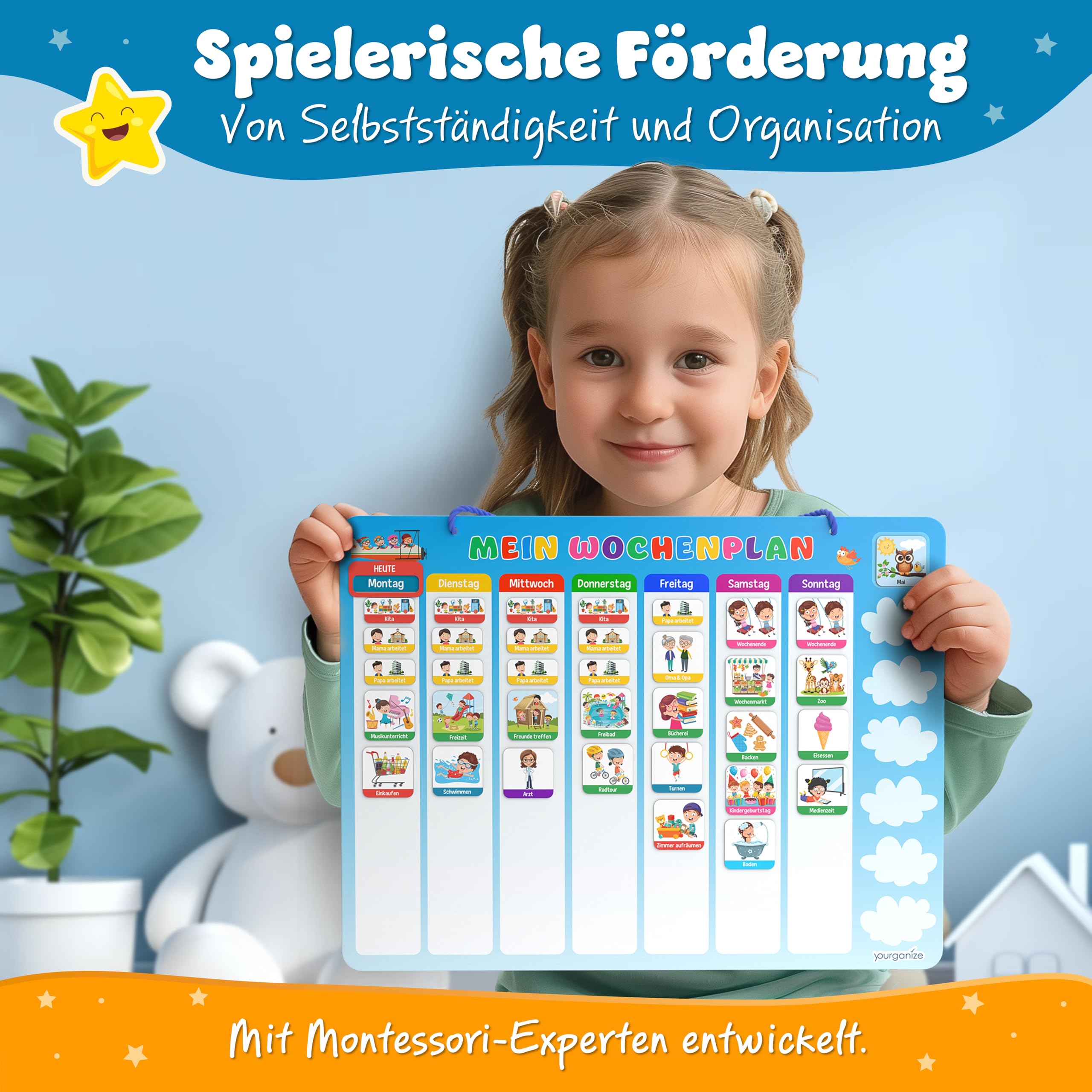 YOURGANIZE® 2-in-1 Wochenplaner und Tagesplaner für Kinder - inkl. 196 Magnete + 160 Sticker zum Personalisieren - Routine Planer Kinder