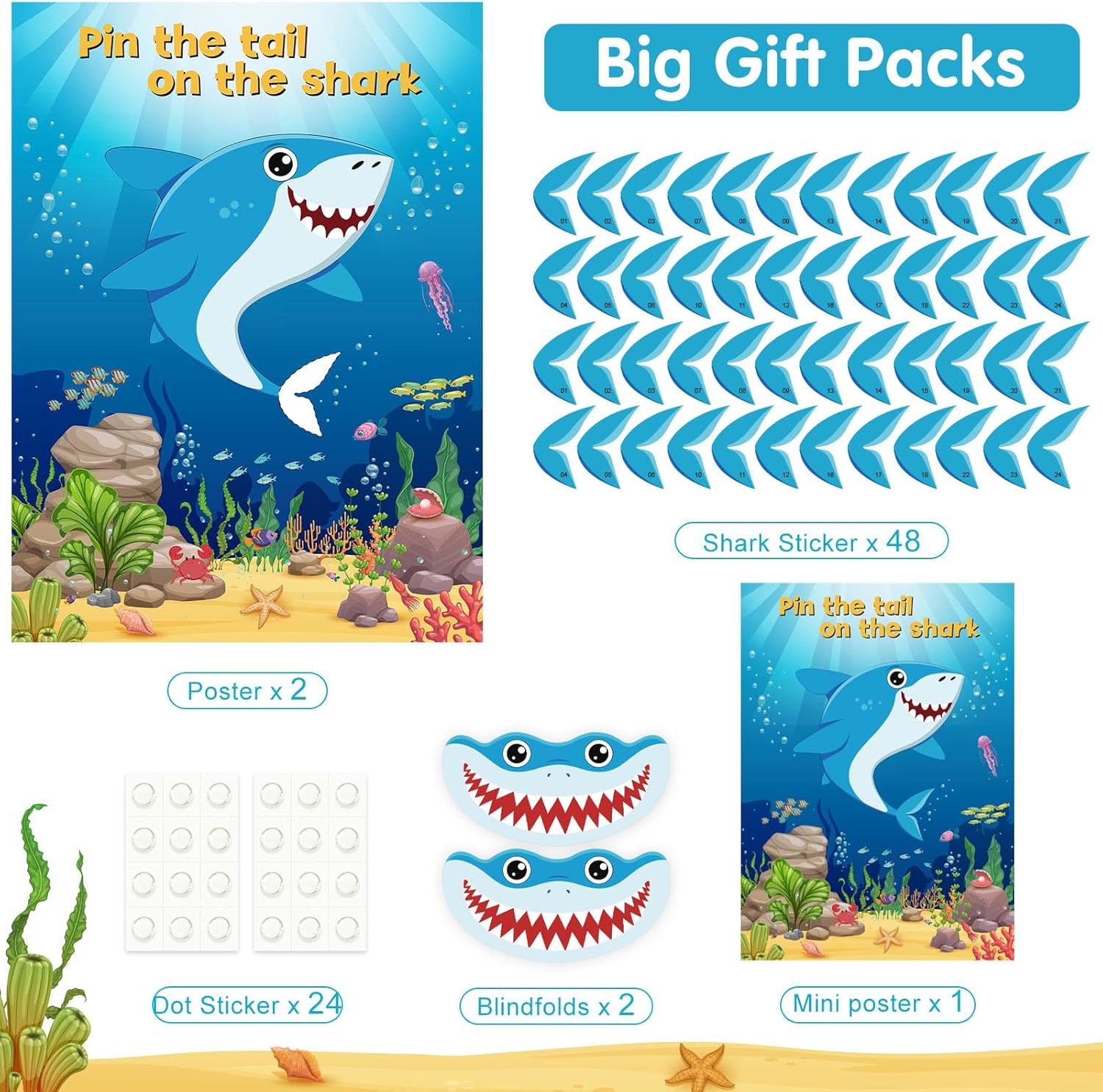 NEBURORA 2 Pack Pin The Tail on The Shark Party Game,2 Large 21"x 28" Posters with 48pcs Stickers for Multiplayer Shark Themed Birthday Party Supplies Decorations for Kids Boys Wall Home Decor