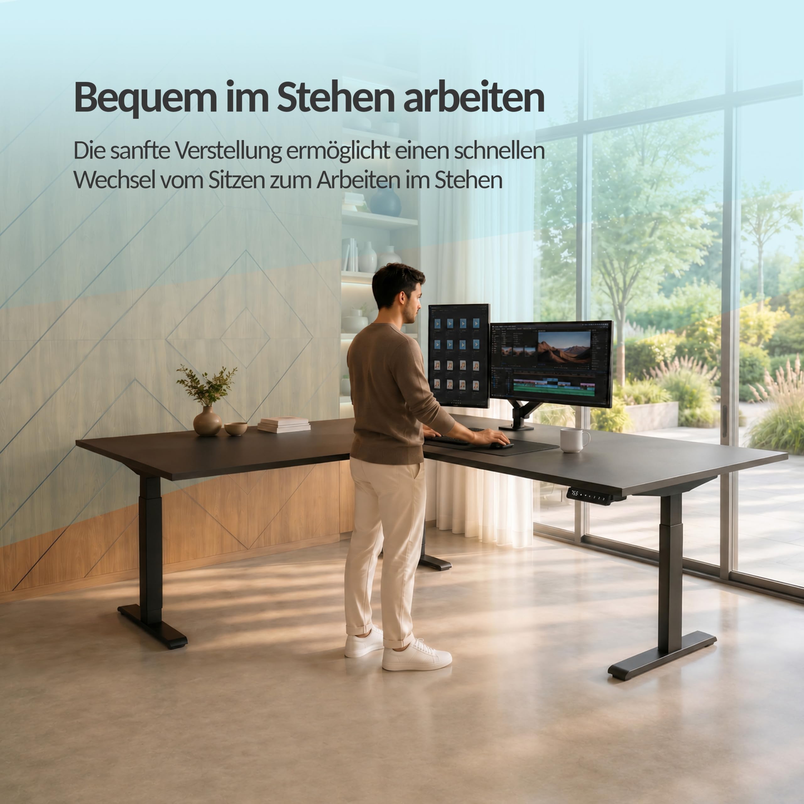 POKAR Höhenverstellbares Eck-Schreibtischgestell Elektrisch | Winkel 0 bis 90 Grad, Höhe 70 bis 118 cm | Memory-Panel mit USB-C und USB-A | Gestell für Steh-Sitz-Tisch Home Office | Schwarz