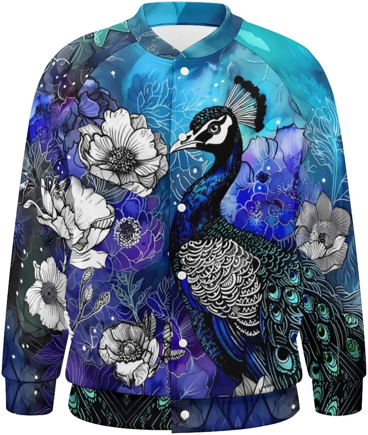 Peacock And Flowers Novelty Men's Baseball Jackets Causal Sweatshirt Button Top Long Sleeve Coat