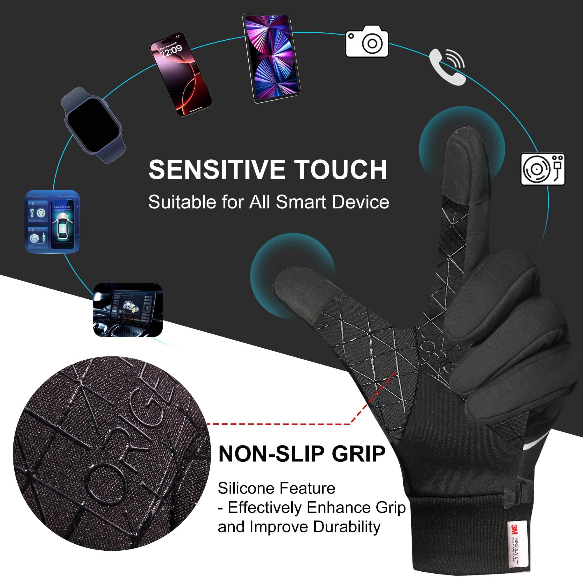 Origem Guanti Invernali Uomo Donna, 3M Thinsulate Touch Screen Guanti Termici, Impermeabili Guanti Moto Bici, Riscaldati Antiscivolo Antivento Guanti Sportivi per Ciclismo, Running, Calcio, Sci