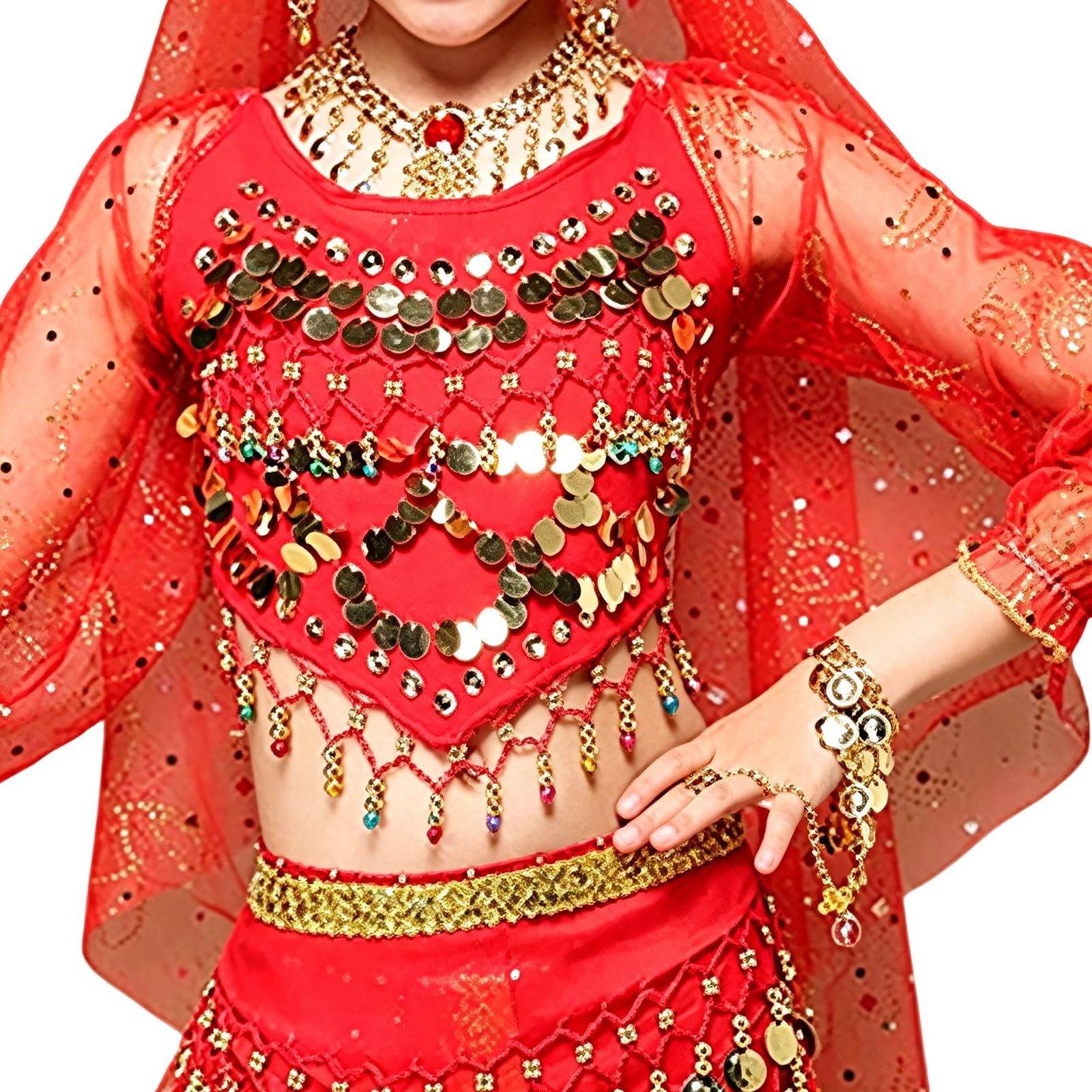 Costume Danza del Ventre in Stile Xinjiang, Gonna Dorata a Maniche Corte, per spettacoli e Feste Etniche.