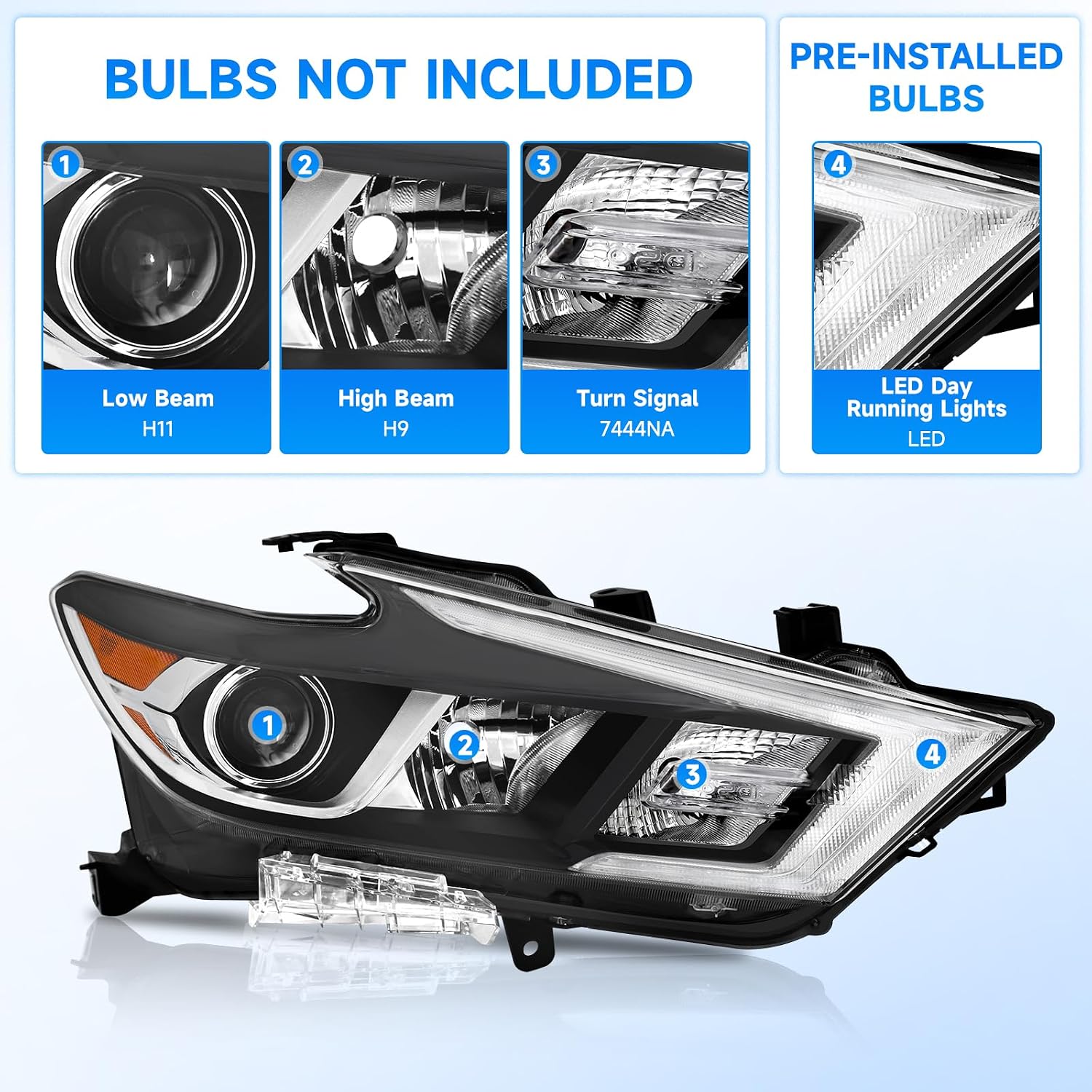 ELH Headlight Assembly Fit For 2016-2018 Nissan Maxima w/LED DRL Projector 16 17 18 Nissan Maxima S SV SL Headlamp (Right Side)
