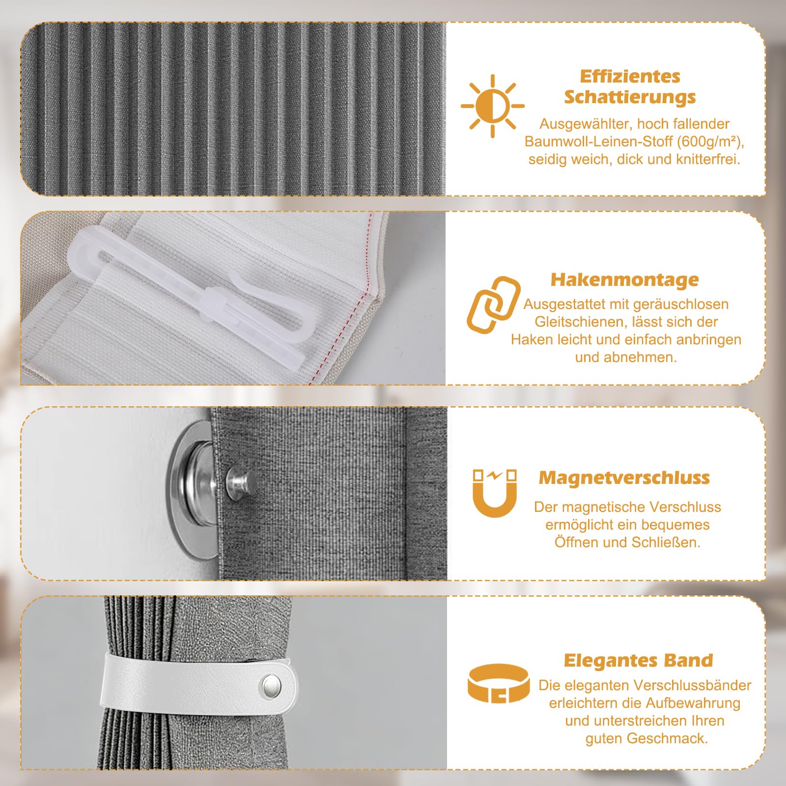 Magnetischer Türvorhang, 100% Verdunkelung, Akkordeon-Tür mit Magnetverschluss, Klebemontage ohne Bohren, inkl. Klebeschiene, Leinenoptik Faltbarer Raumteiler-Tür (Dunkelgrau)