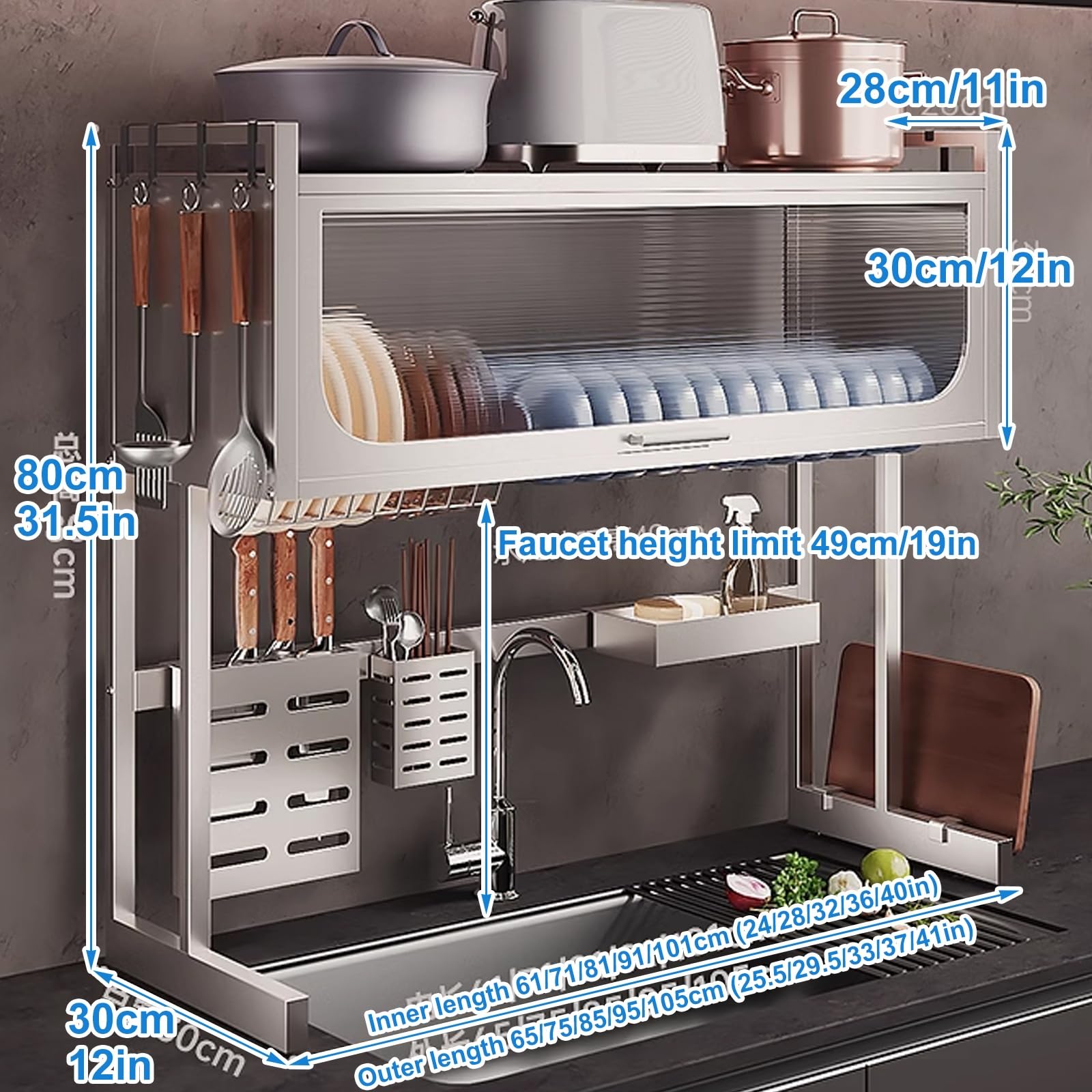 Égouttoir à vaisselle à poser au-dessus de l'évier en acier inoxydable 304 - Gain de place - Avec porte rabattable - Solution de séchage efficace pour la vaisselle et les ustensiles