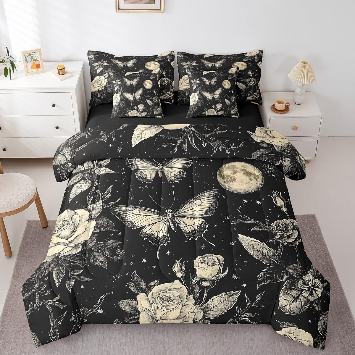 jejeloiu Kids Cherry Flower Comforter Set 7 Pieces Queen Size Cat Pink Floral Bedding Set for Boys Girls Japanese Style Bed in a Bag with Comforter, Sheets, Pillowcases & Cushion Covers