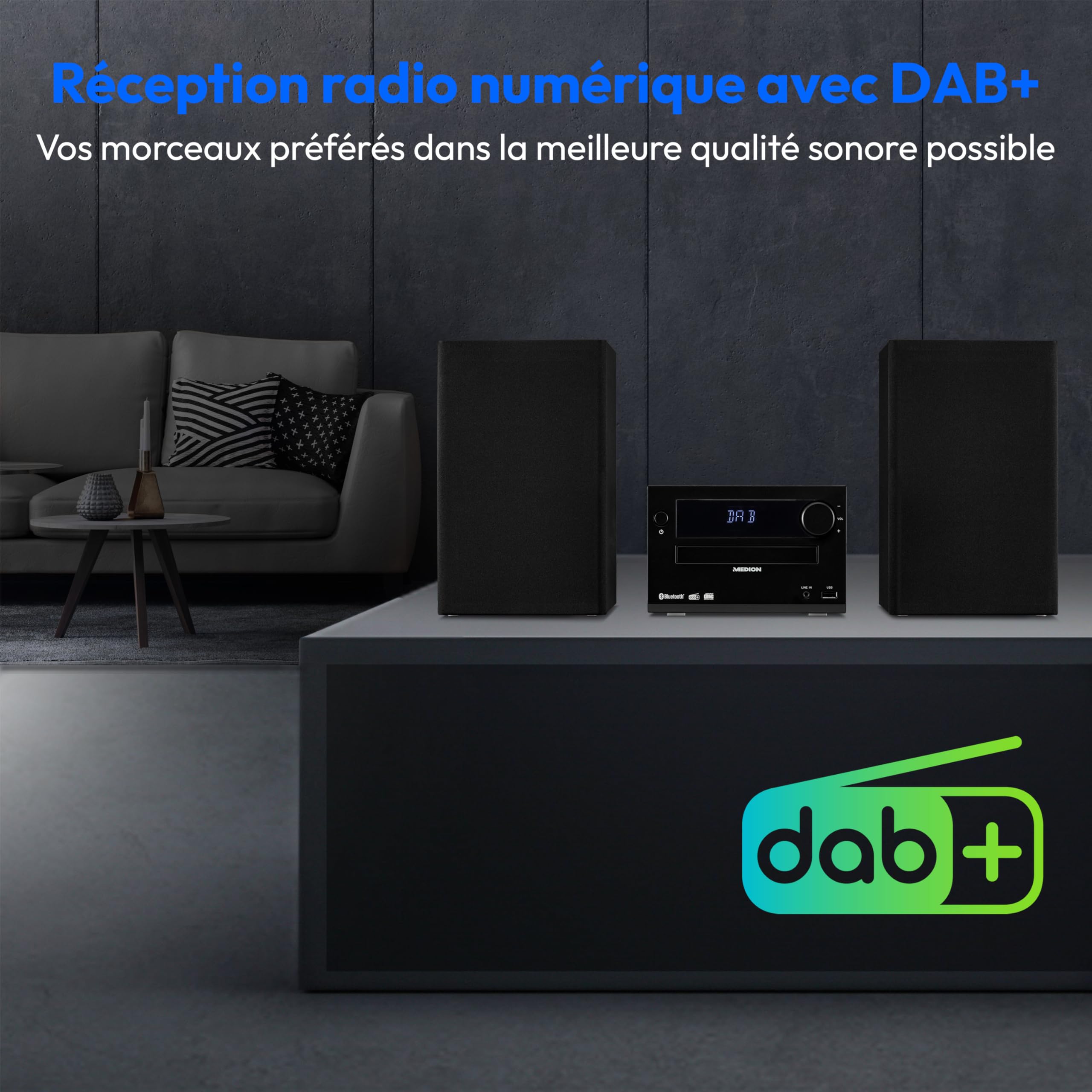 MEDION E64482 Microsystème Audio Compact (Radio Internet, Dab+, Lecteur CD, Radio FM PLL, Bluetooth, Lecteur MP3, AUX, Prise Casque, USB, minuteur de Mise en Veille, écran à intensité Variable) Noir