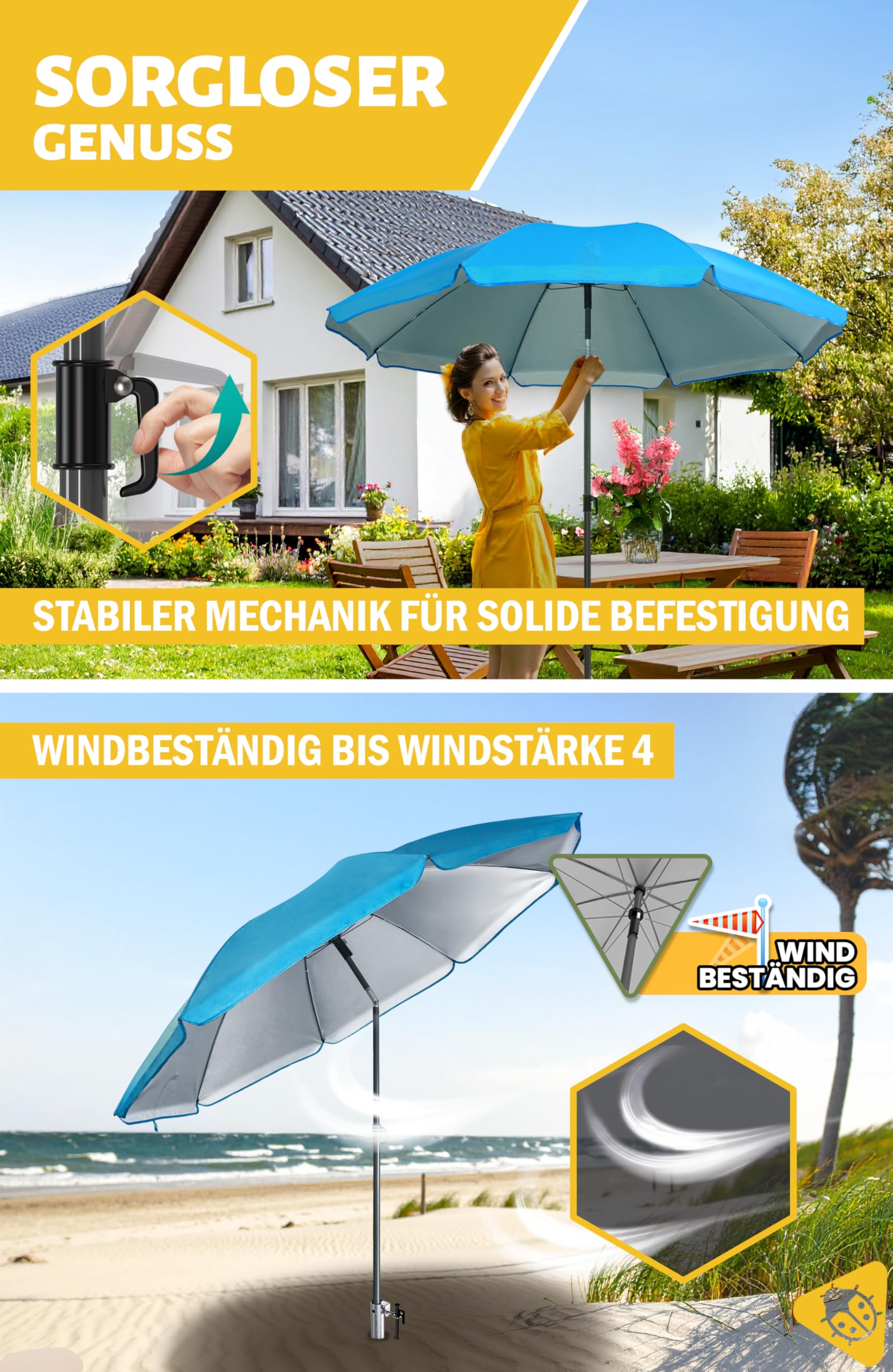 Menz Sonnenschirm Strand mit UV80 Sonnenschutz Strand – Strandschirm Windfest Stabil Ø 180 cm 3er Set, Einschraubhülse Bodenhülse & Schirmhülle, Blau, für Strand, Garten & Camping