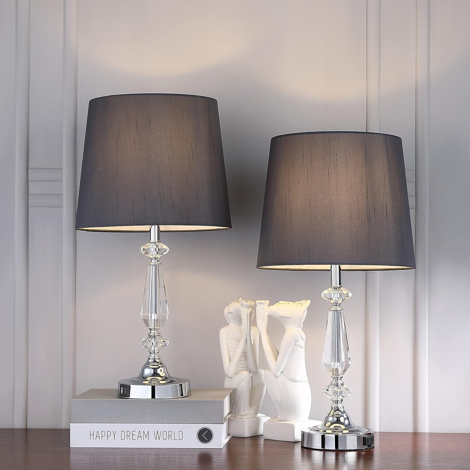 WIHTU Set of 2 Bedside Lamp Touch Control Lamps for Bedrooms, 3 Way Dimmable Crystal Table Lamp with 2 USB Ports, Modern Nightstand Lamp, Gray Shades, for Living Room, Guest Room, Bulbs Included