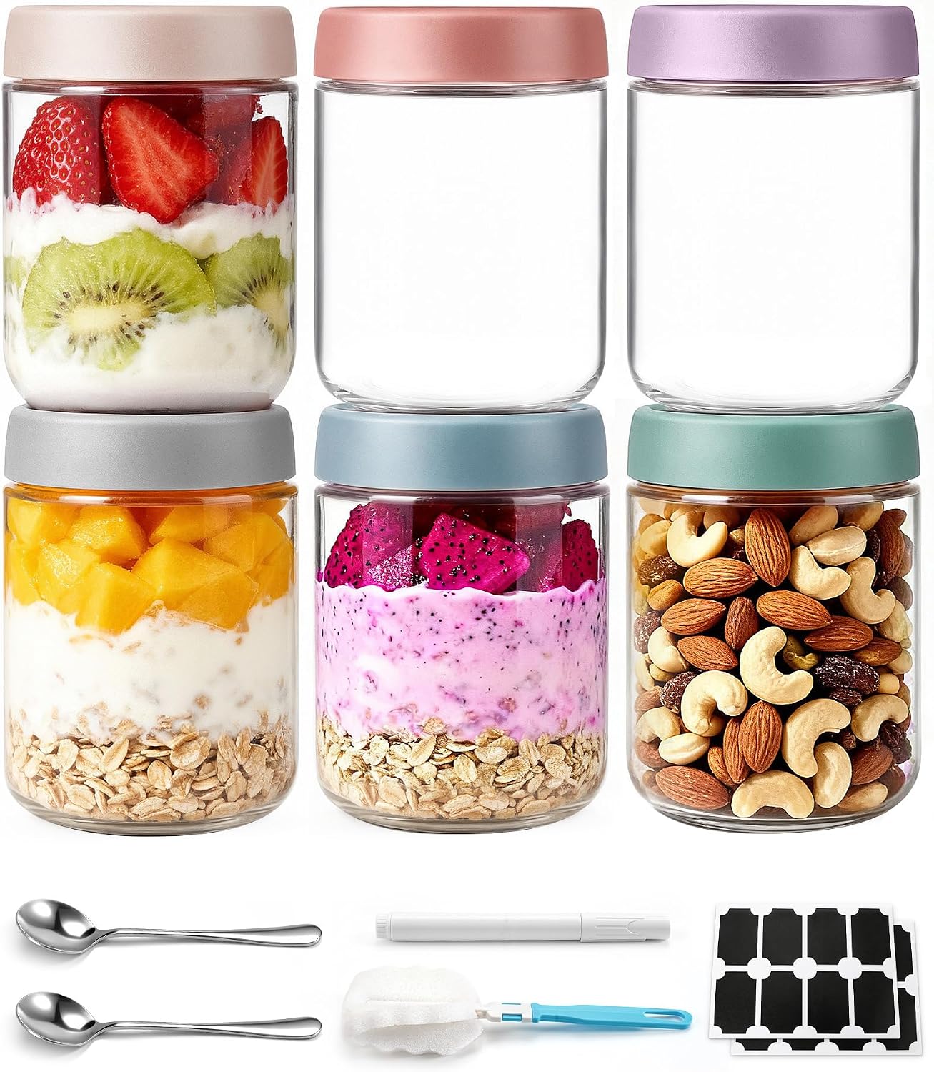 6-Pack Overnight Oats Containers with Lids & Spoon for Food Storage