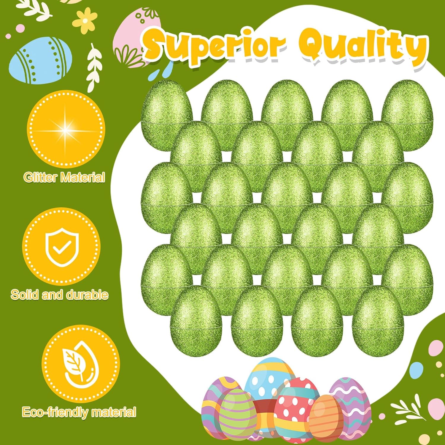 Simgoing 24 Pcs Glitter Easter Eggs Plastic Easter Fillable Hinged Eggs Bulk 2.3 Inch for Hunt Basket Stuffer Surprise Party Favor Treats Gifts(Green)