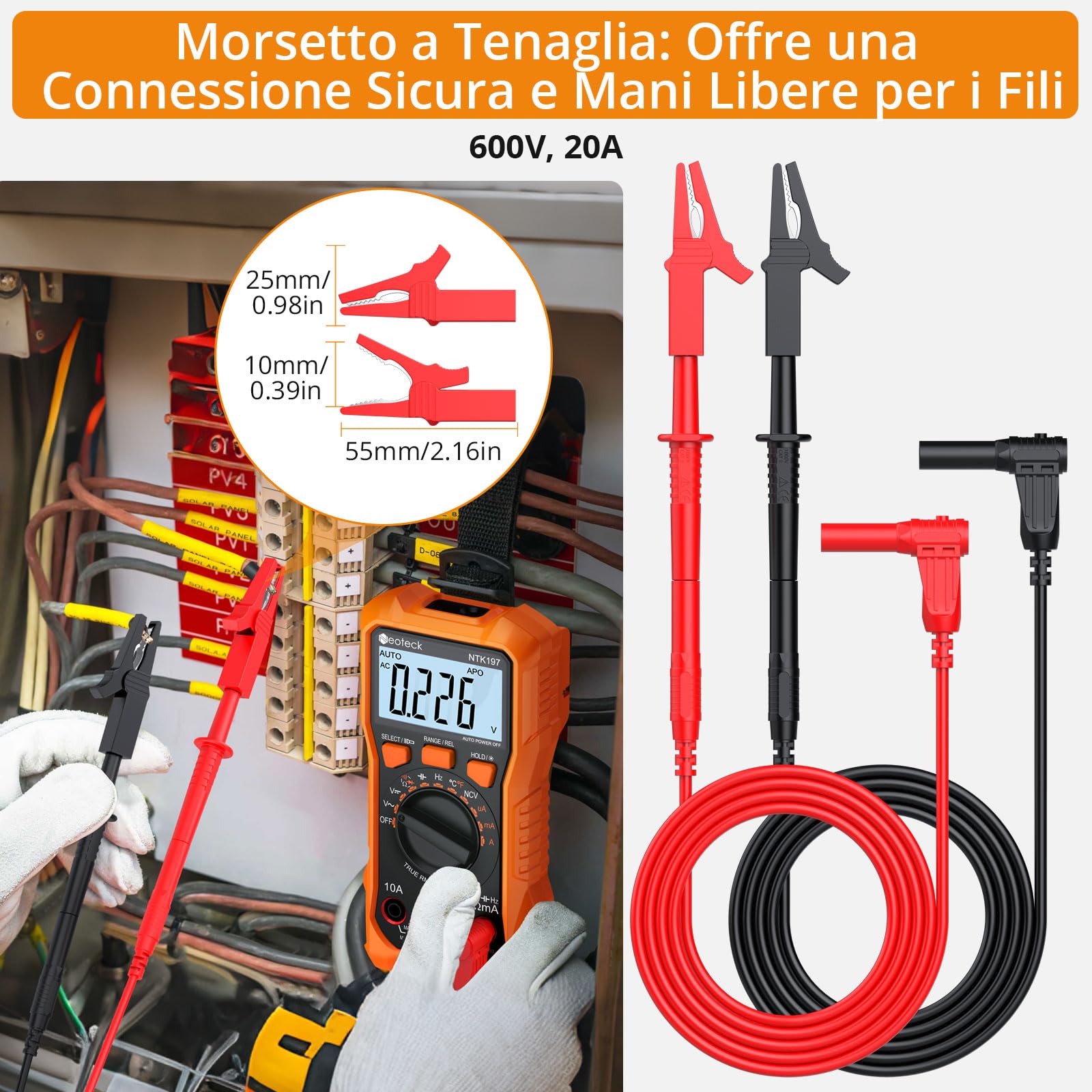Neoteck 8 Pezzi Puntali Professionali per Multimetro Kit Test Lead da Ricambio Kit Include Estensione Testa Sonda Mini Alligatore Clip a Coccodrillo