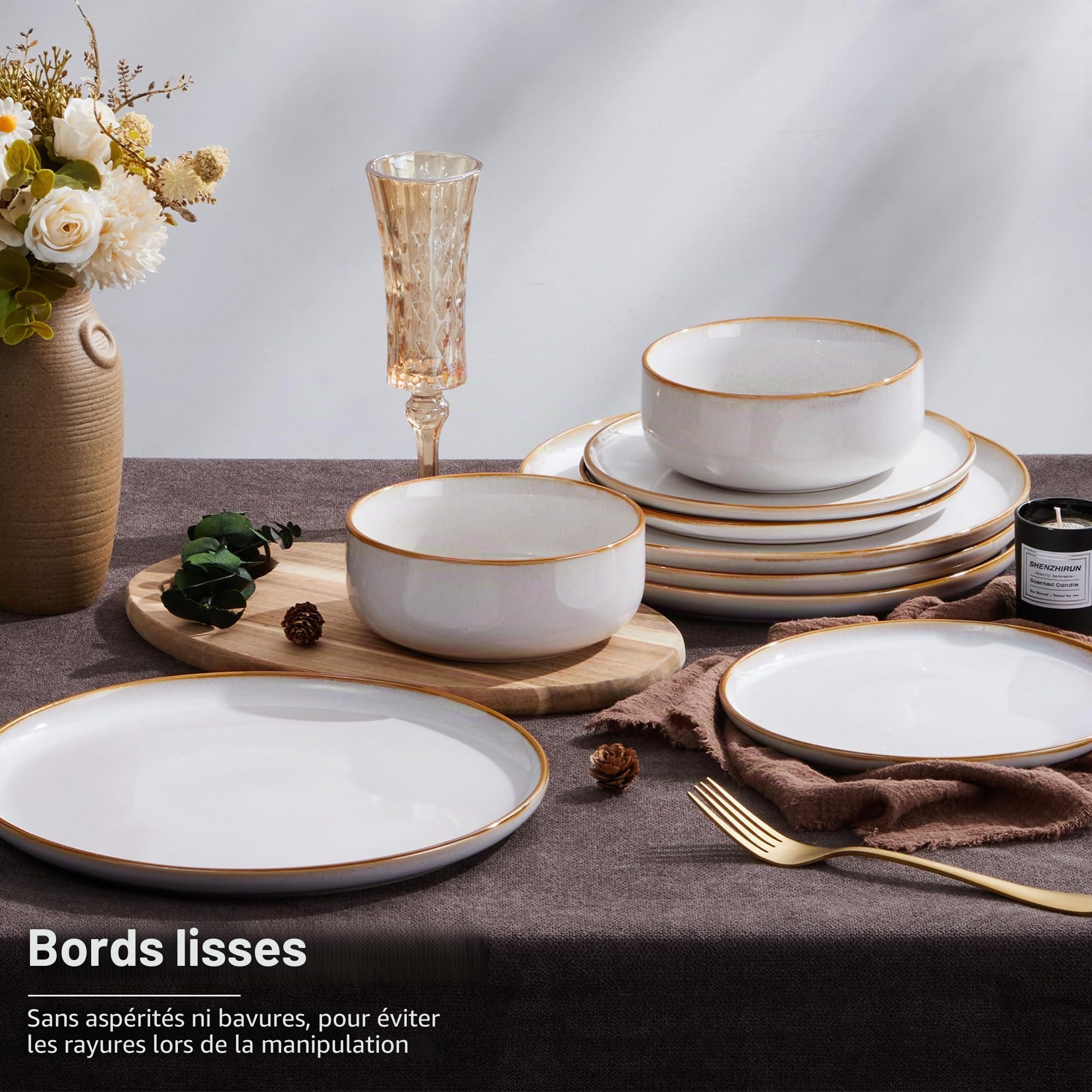 Service de vaisselle pour 6 personnes, Onader Service de table 18 pièces en grès combiné, 6 assiettes, 6 assiettes à dessert, 6 bols à céréales, résistant au lave-vaisselle – Perle Beige