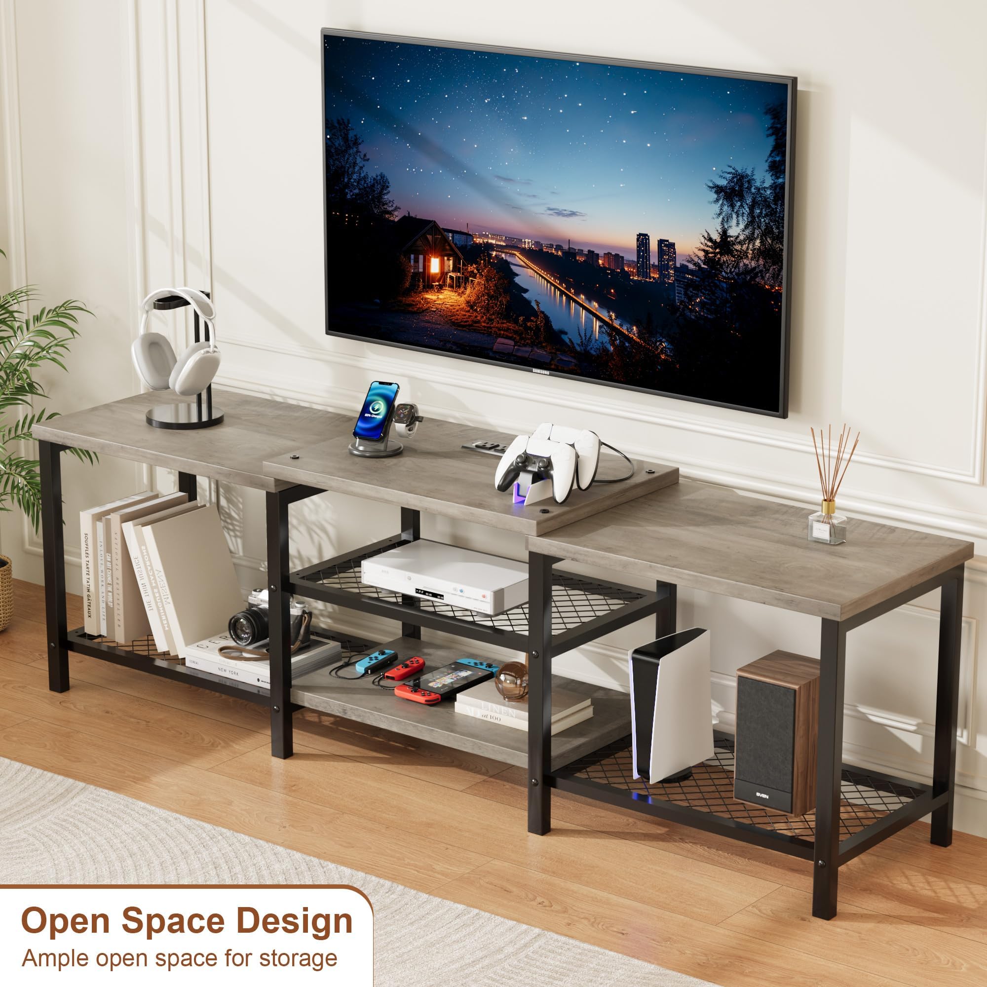 Mobile TV grigio 170cm con presa, struttura metallo per soggiorno | Struttura in metallo resistente, presa integrata per ricarica, ripiano aperto per dispositivi, gestione cavi ordinata