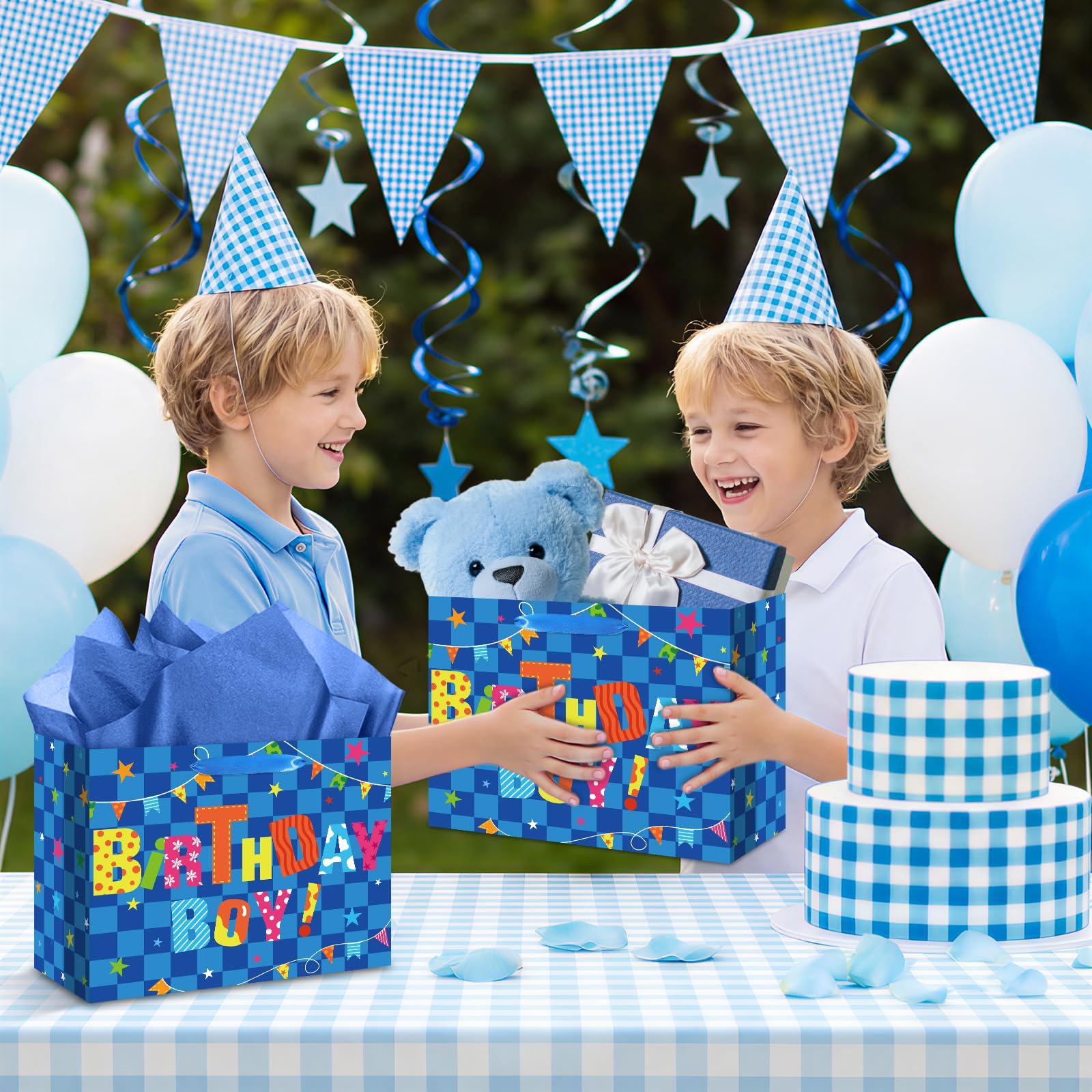Innovoscape Blue Birthday Gift Bag for Boys Birthday Favor Bag with Tissue Paper and Card Colorful Happy Birthday Bag for Kids Boys Birthday Party Baby Shower