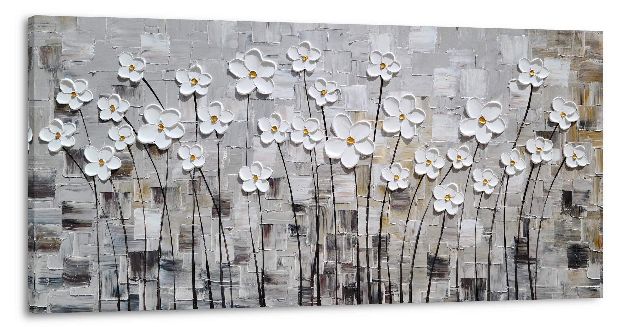 Yihui Arts Flower Canvas Wall Art Hand Painted Large 3D Grey and White Painting Modern Abstract Aesthetic Pictures Artwork for Living Room Bedroom Kithchen Decoration
