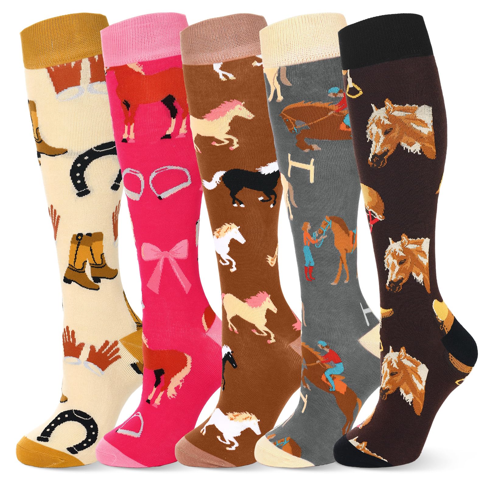 Sintege 5 Paires de Chaussettes d'Équitation pour Femme Chaussettes d'Équitation Longues Mi-Bas Colorés à Motifs Animaliers Cadeau Amusant pour Amoureux des Chevaux et Cavalières