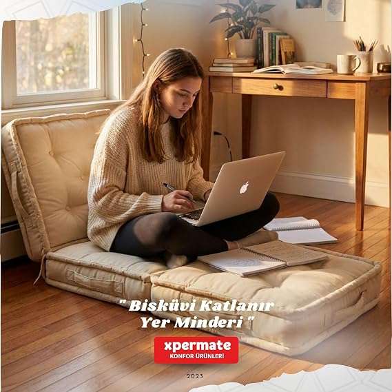 Xpermate Yer Minderi Katlanır Uzanma Minderi Bahçe Balkon Teras Oyun Odası (Krem)