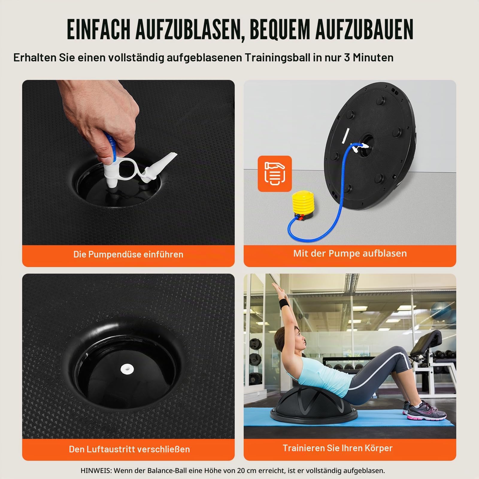 VEVOR Halb-Gymnastikball-Trainer, 58 cm Balance Ball Trainer, 300 kg, Yoga-Ball mit Widerstandsbändern und Pumpe, Kraft-Fitnessball für das Heim-Fitnessstudio, Ganzkörpertraining, Schwarz