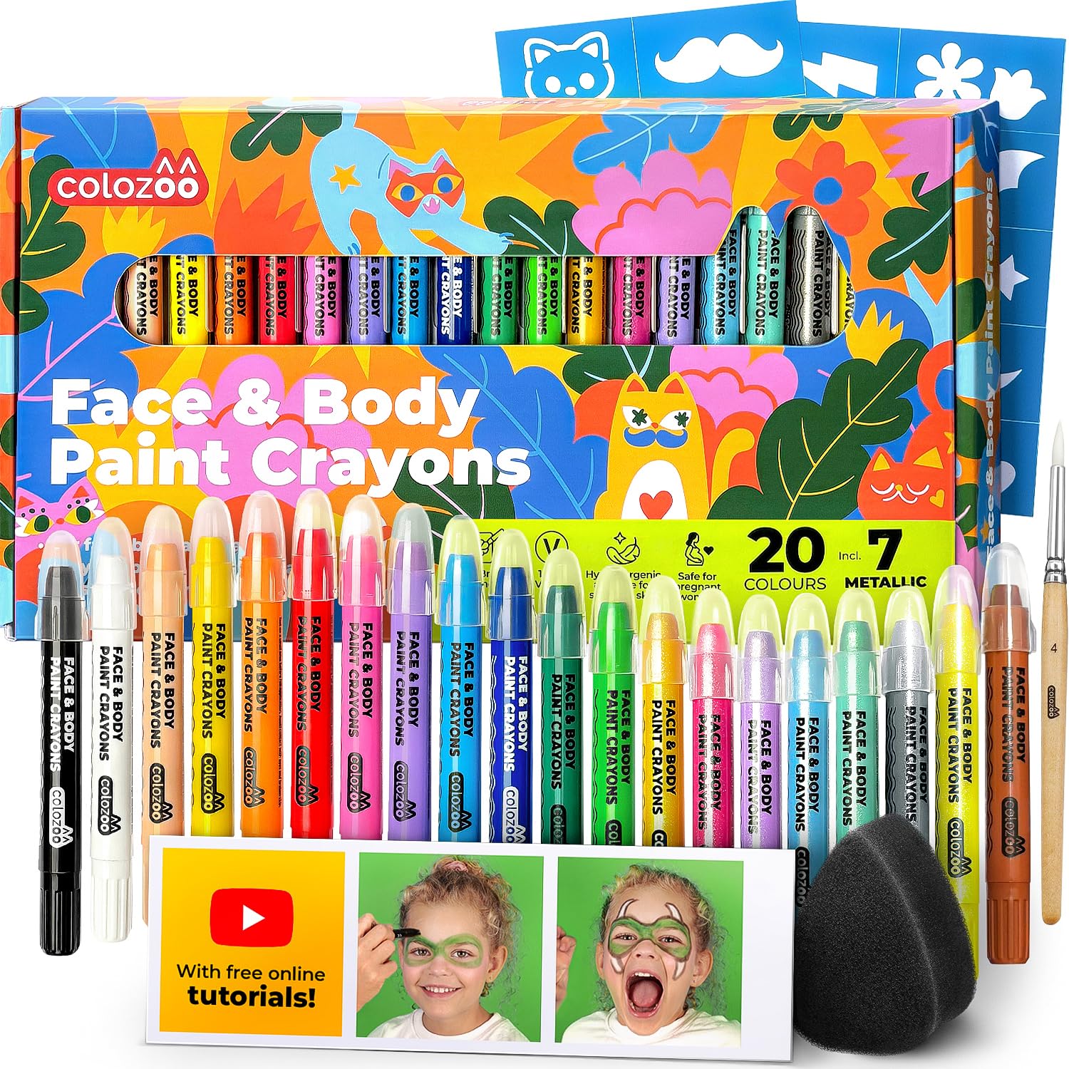 Colozoo Schminkstifte Kit 20 Farben für Kinder | Gesichtsfarben Kinderschminken mit Pinsel & Schablonen | Face Paint Kids, Babybauch bemalen, Faschingsschminke, Karnevalsschminke Stifte, Schminken
