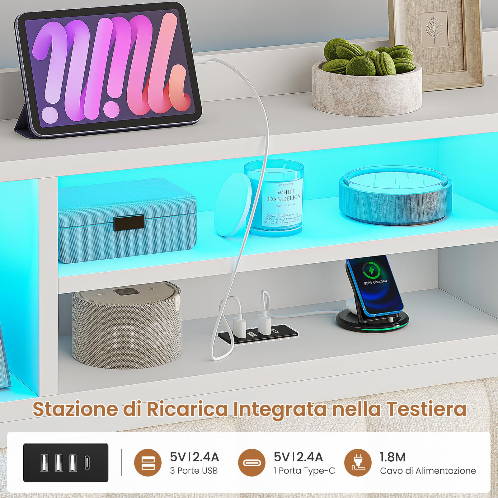 AOGLLATI Letto Contenitore 90x200 cm con Sollevamento Idraulico, Letto Singolo con Luci LED e Porta USB, Sommier a Doghe in Legno, Testiera Imbottita Nero con 7 Vani Portaoggetti, Bianco