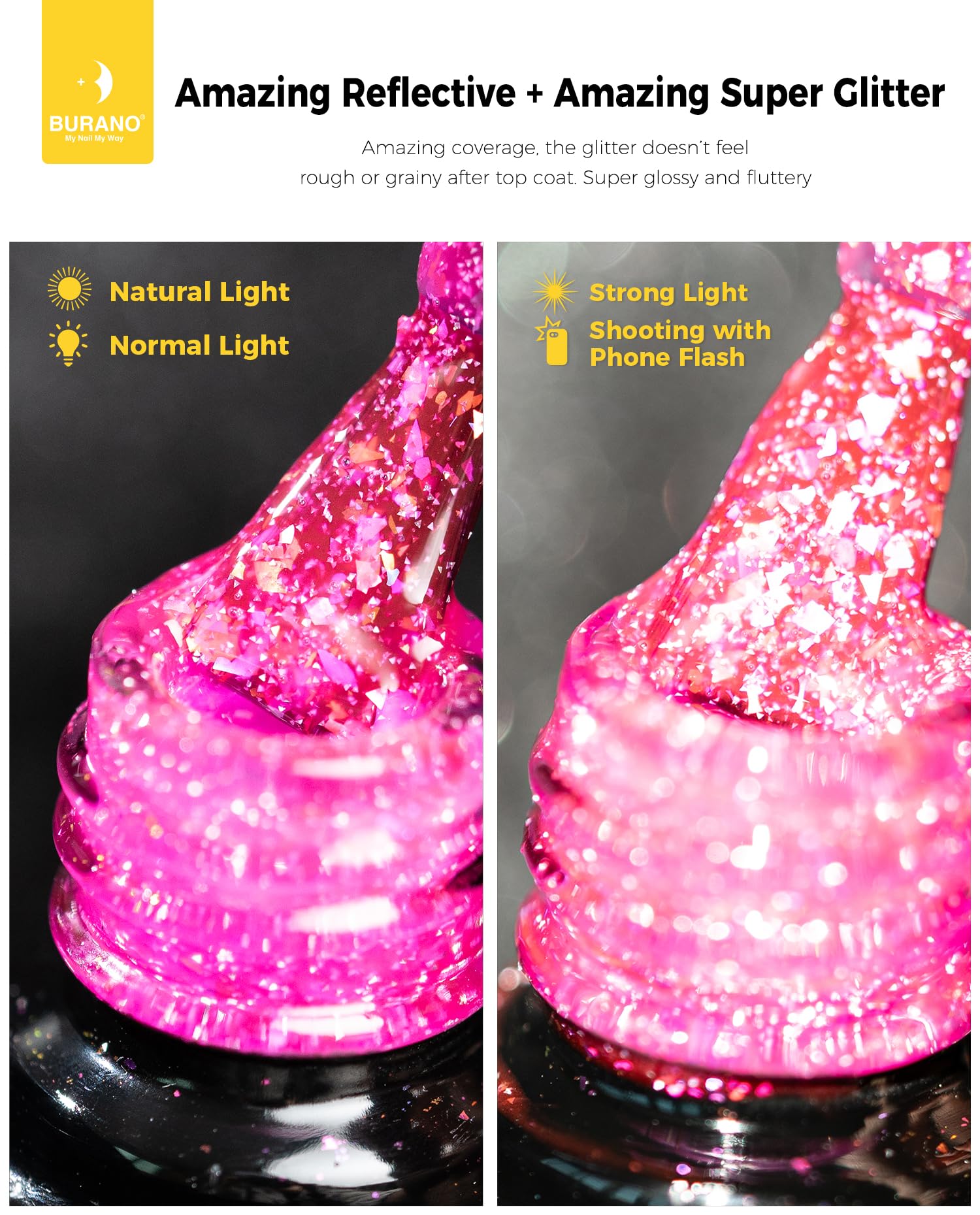 Amazon.com : BURANO Holographic Gel Polish, Reflective Glitter Gel Polish  7.3ml UV LED Pink Glitter Gel Nail Polish for Home DIY, Diamond Gel Nail ...