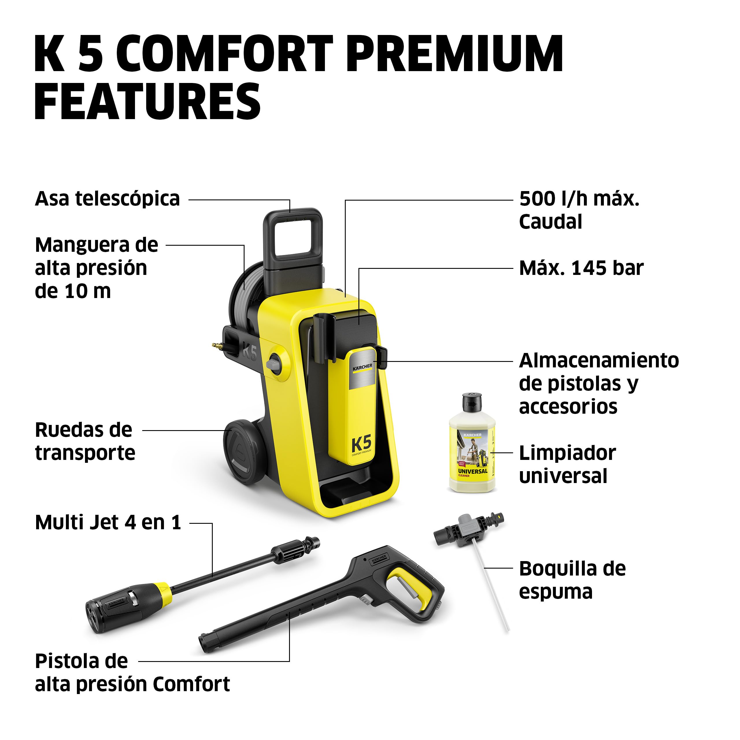 Kärcher hidrolimpiadora K 5 Comfort Premium, presión: 145 Bar, caudal: 500 l/h, Superficie: 40 m²/h, Manguera de Alta presión Extra Flexible, enrollador de mangueras, Multi Jet 4 en 1