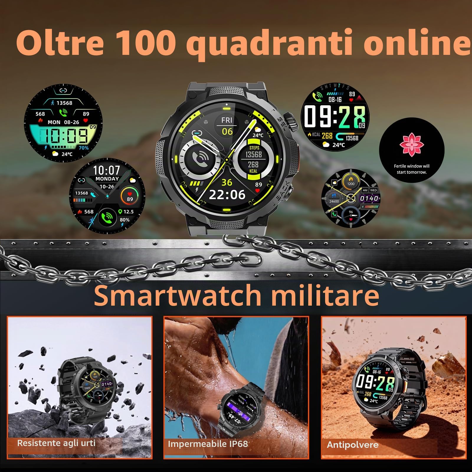 Smartwatch Uomo Militare, Orologio Smartwatch 1.53" con Chiamate Bluetooth, 100+ Modalità Sportive, Batteria 1000 mAh, Monitoraggio Sonno e Cardiofrequenzimetro, Torcia e Bussola per IOS/Android