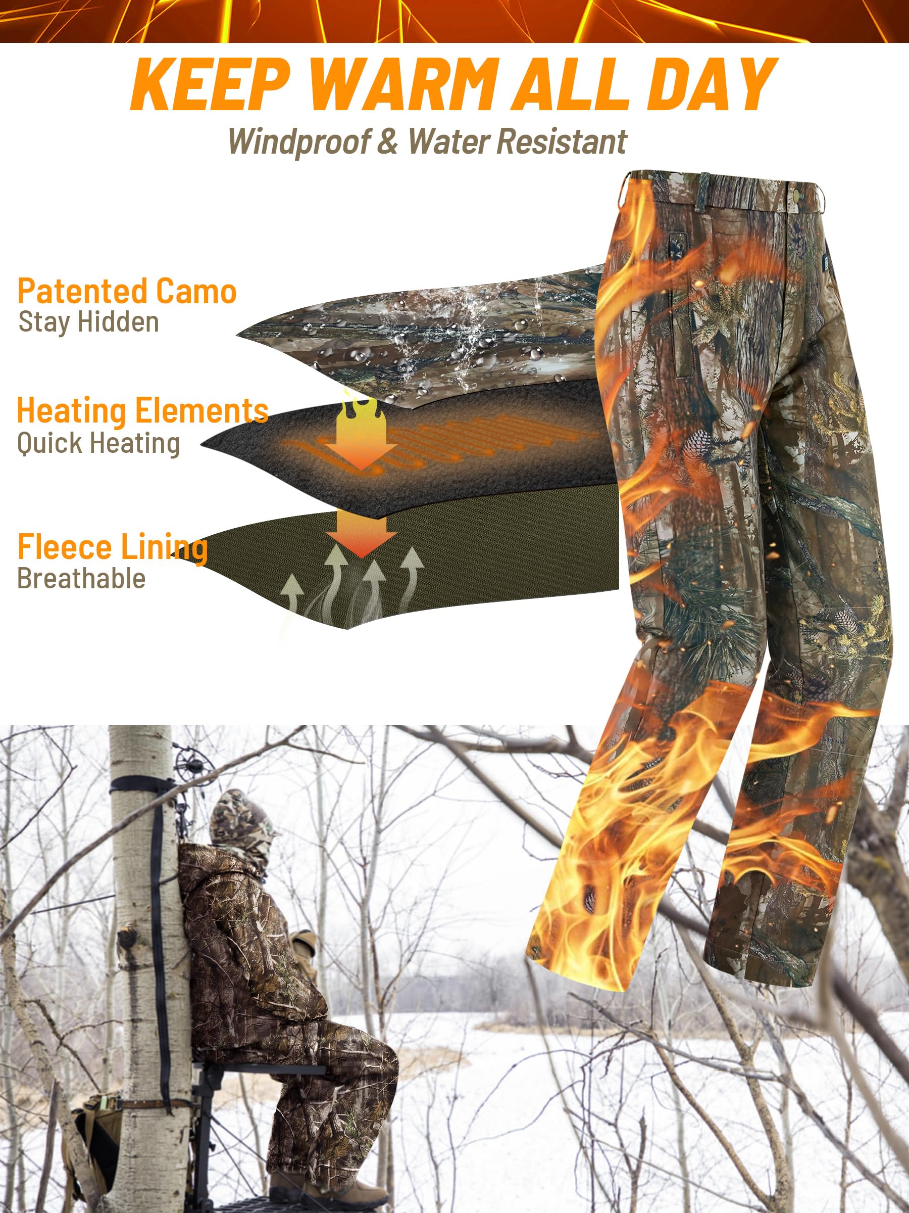 NEW VIEW Women Camo Heated Pants with 10000mAh Battery Pack, Fleece Lined Insulated Hunting Pants for Cold Winter Outdoors