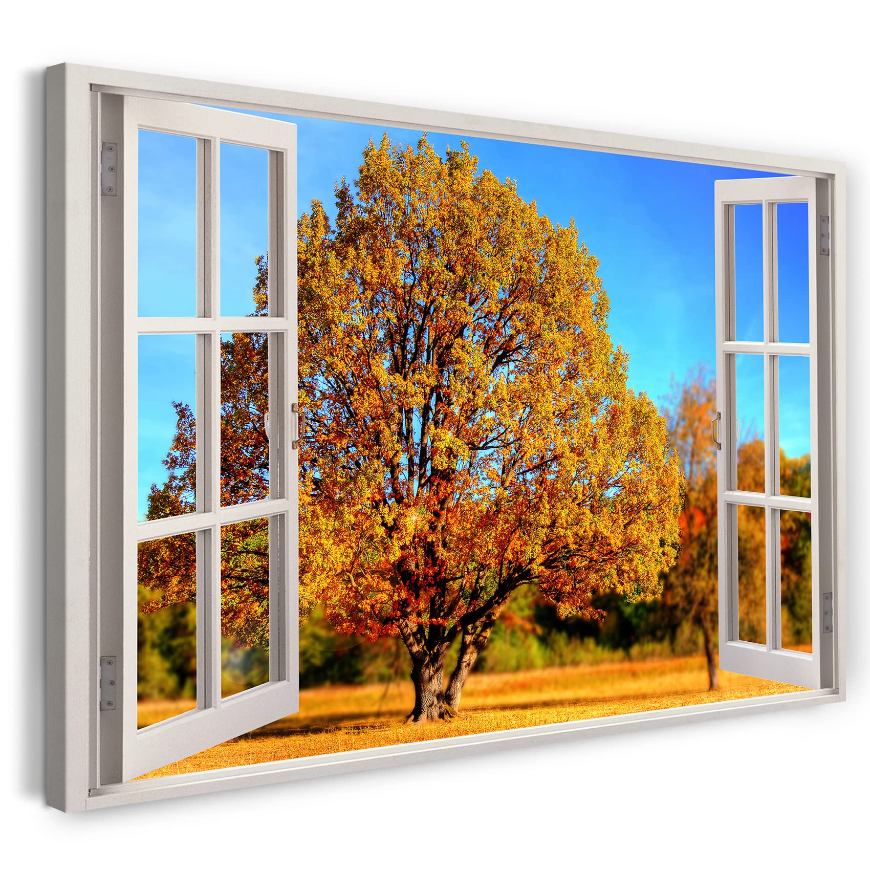 Print on Canvas (120x80 cm) view from the window - tree autumn field nature sun - nature photography, real wood frame with hook