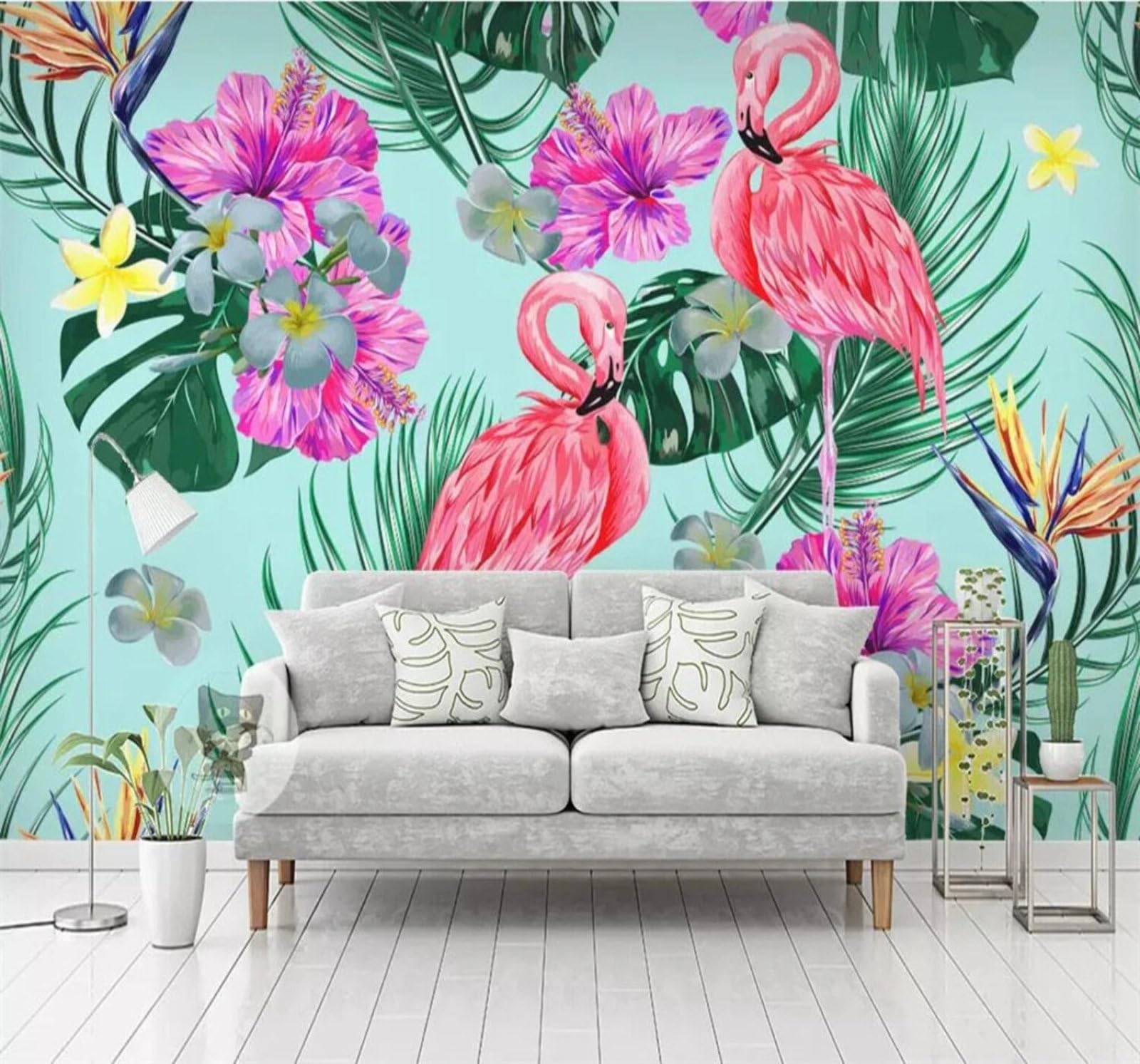 Xlming 400Cm×280Cm(B×H) Fresh Beautiful Tropical Plants Flamingos 3D Wallpaper Luxury Home Dining Decor Paste Sofa Living Room The Wall For Bedroom Mural-400Cm×280Cm